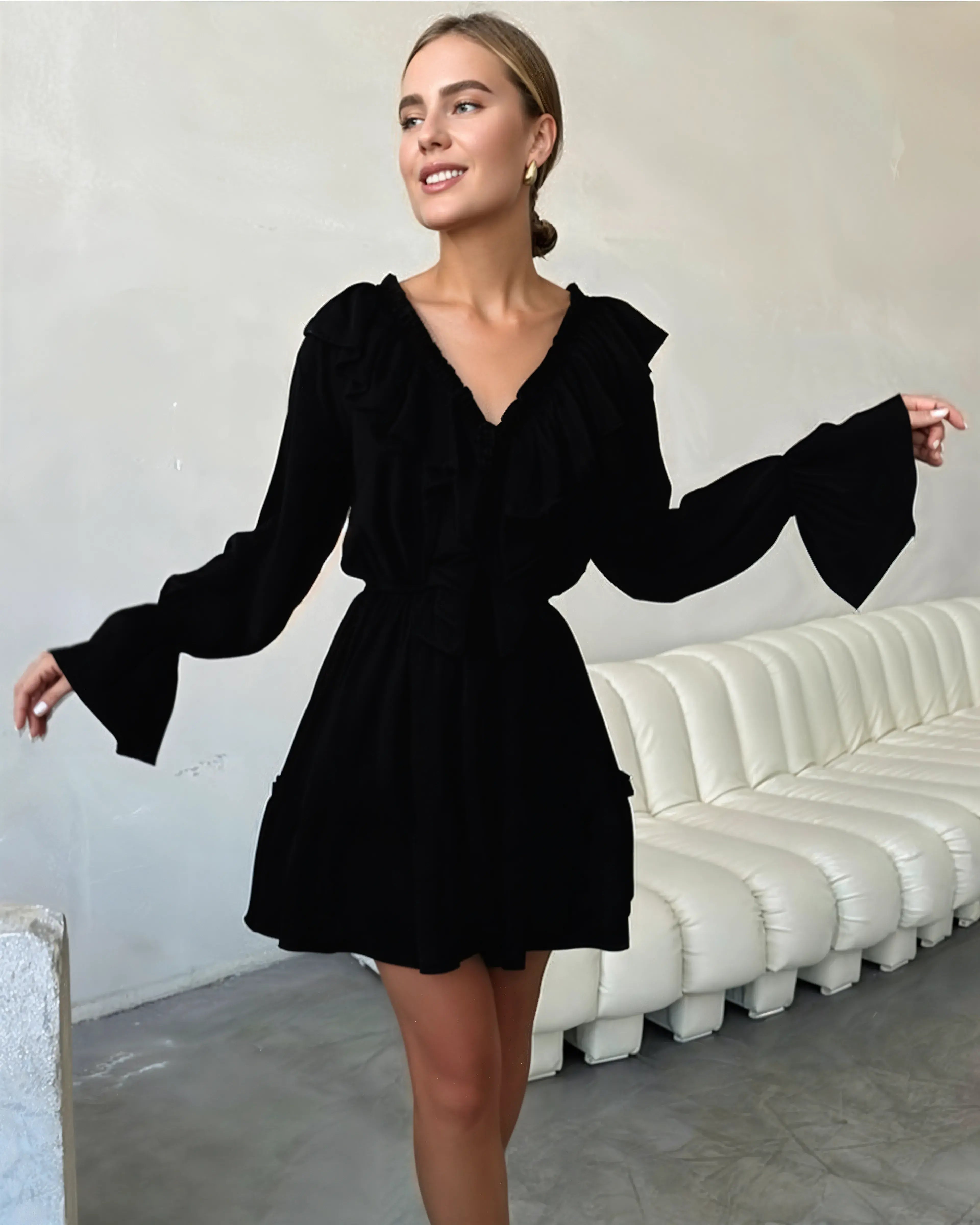 Ruffle Long Sleeve Chiffon Dress