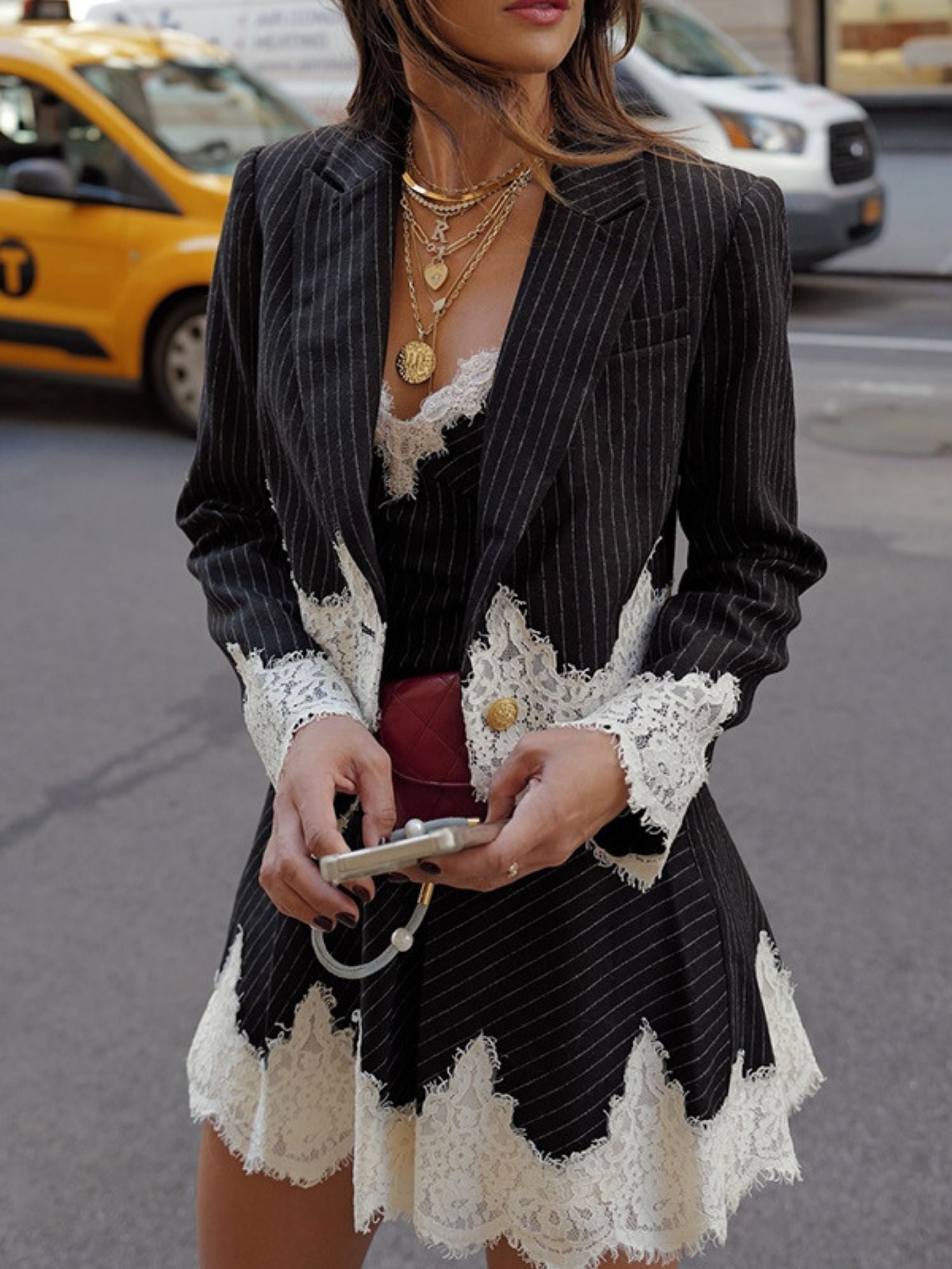 Juliette Lace Trim Lapel Blazer two-Piece Set