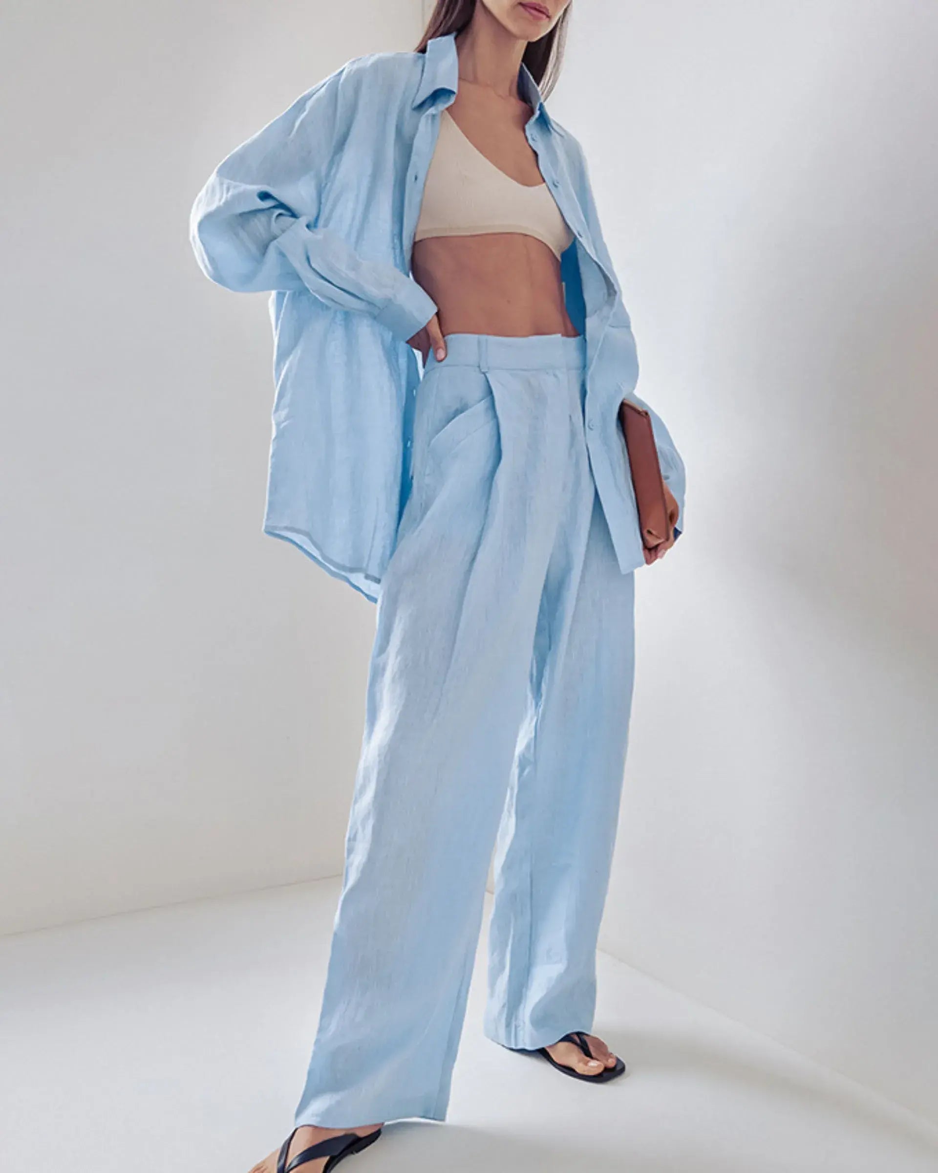 2-Piece Cotton Set – Blue Long Sleeve Shirt & Pants with Pockets for Streetwear & Vacation Outfit