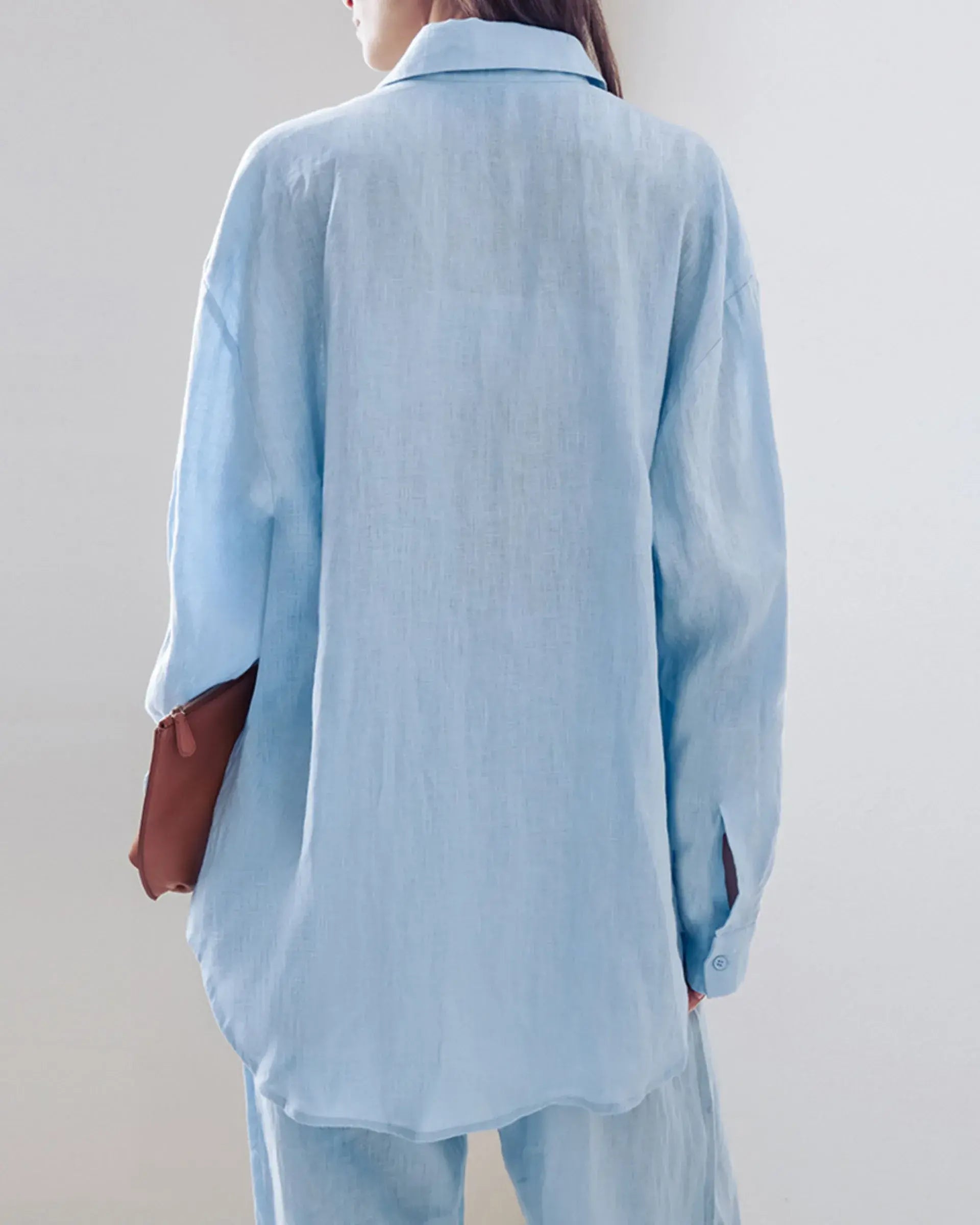 2-Piece Cotton Set – Blue Long Sleeve Shirt & Pants with Pockets for Streetwear & Vacation Outfit
