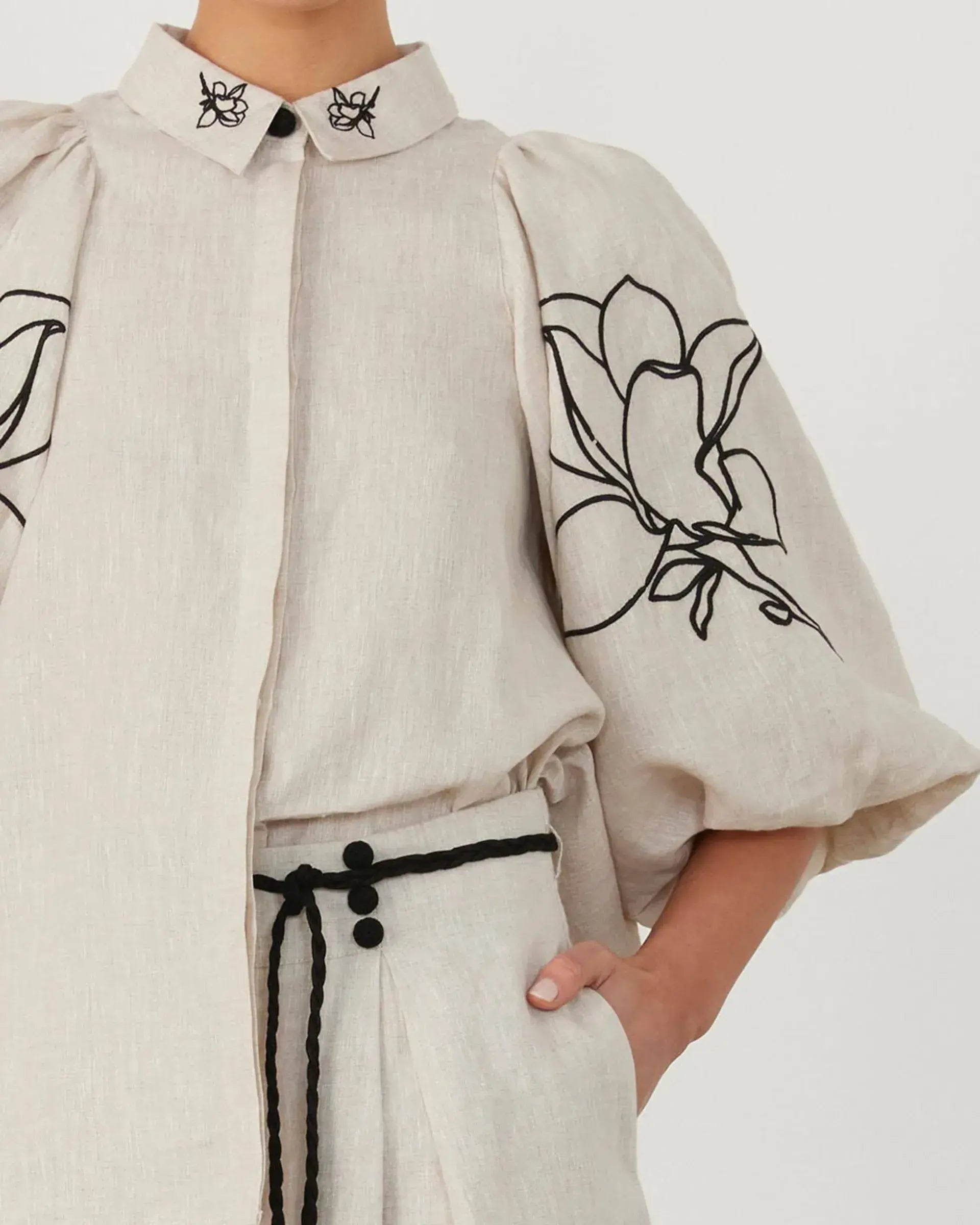 Puffer Sleeve Fashion Linen Embroidered Shirt