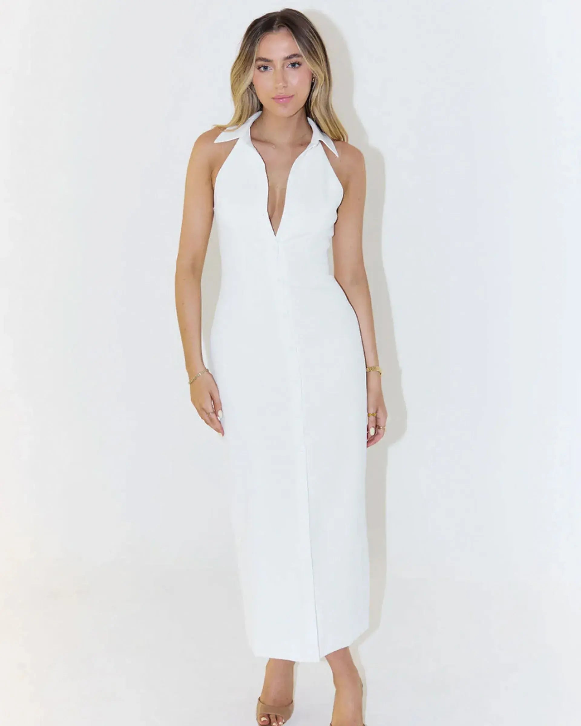 Lapel sleevless Button-up Dress