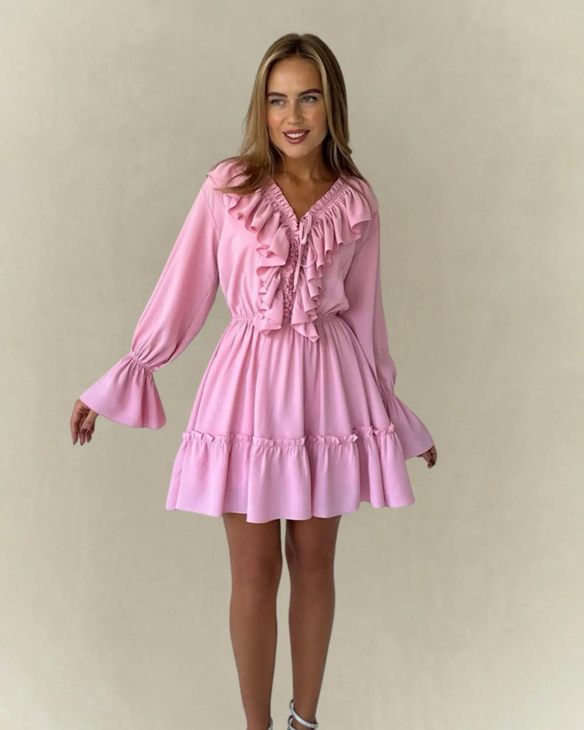 Ruffle Long Sleeve Chiffon Dress