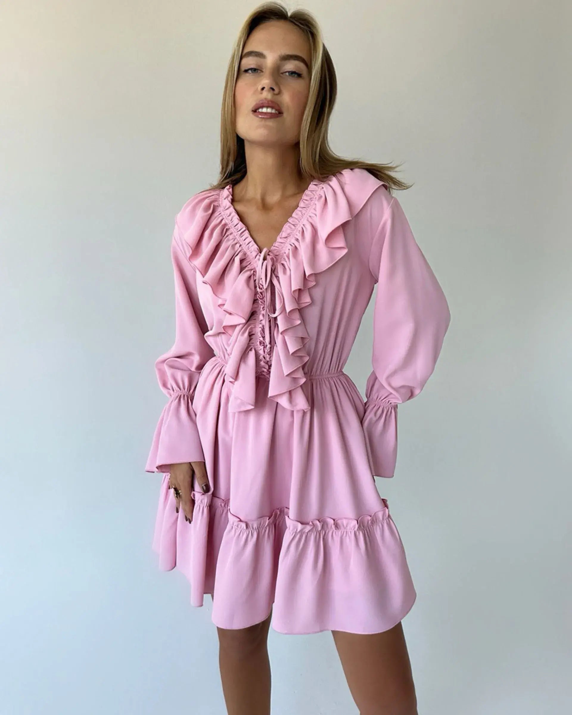 Ruffle Long Sleeve Chiffon Dress