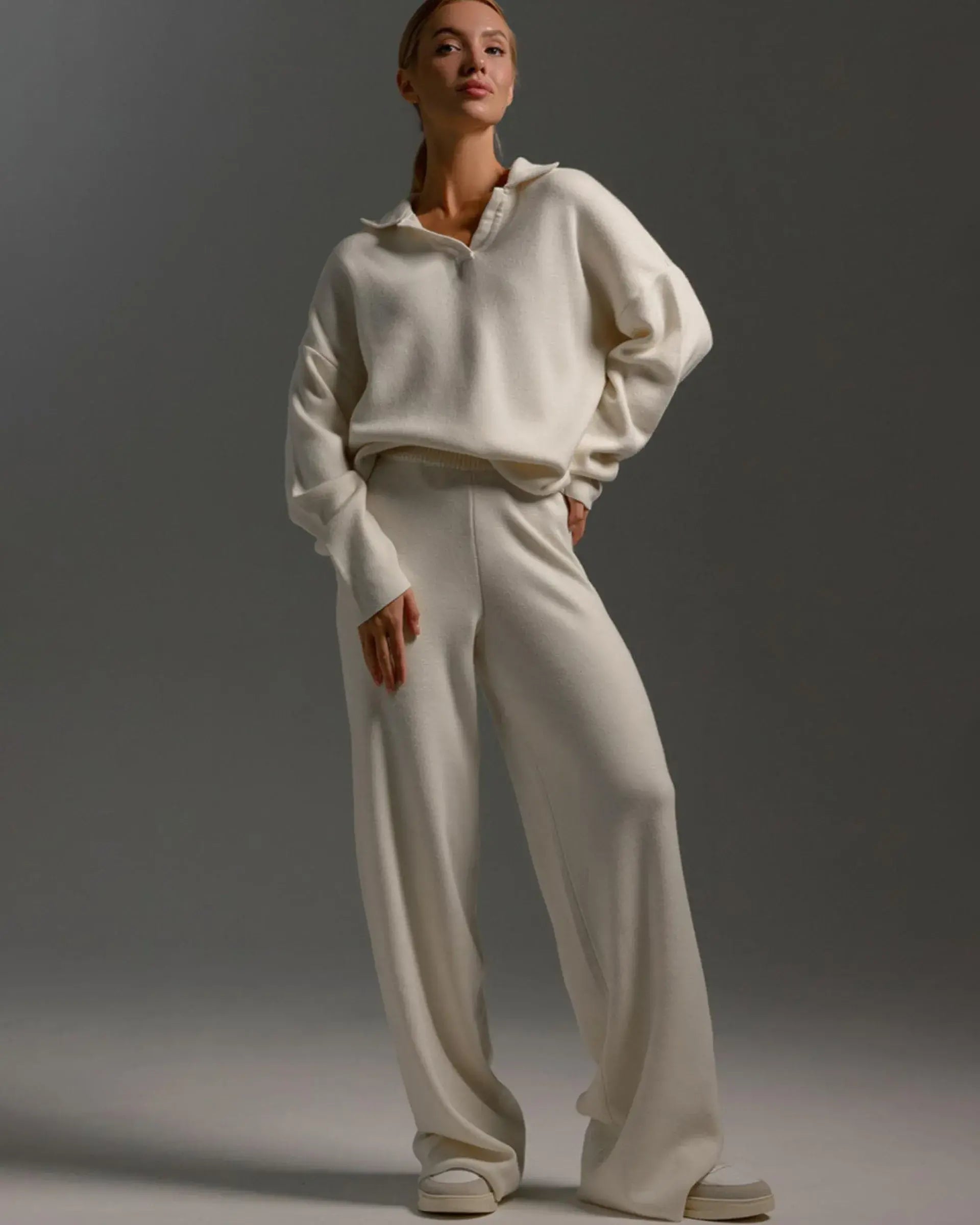 Polo Collar Knitted Sweater With Loos Pants