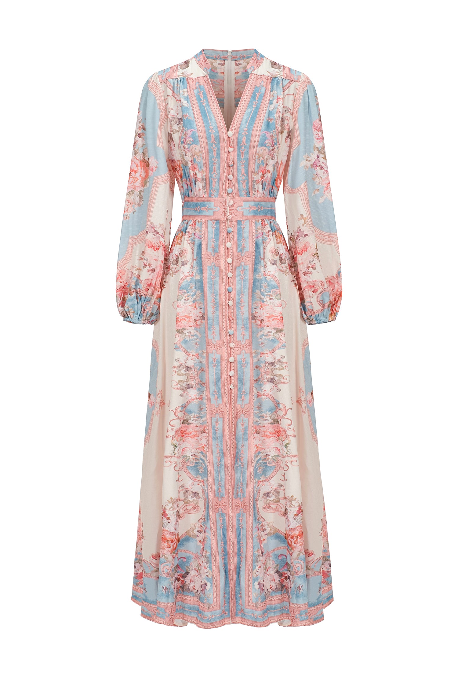 Dorte Blue Long Sleeve Floral Printed Maxi Dress