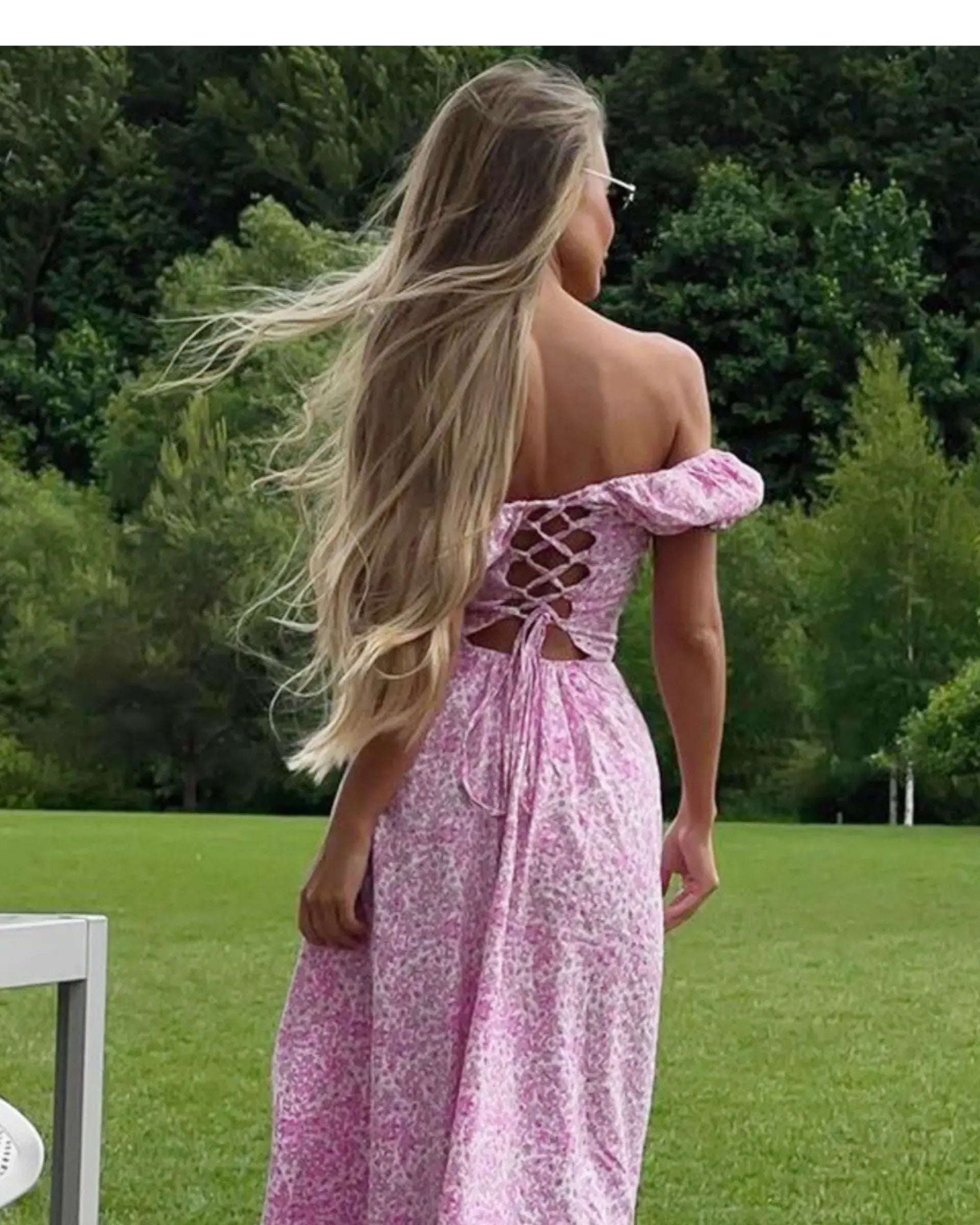 Floral Long Dress with Hollow Shoulder and Split