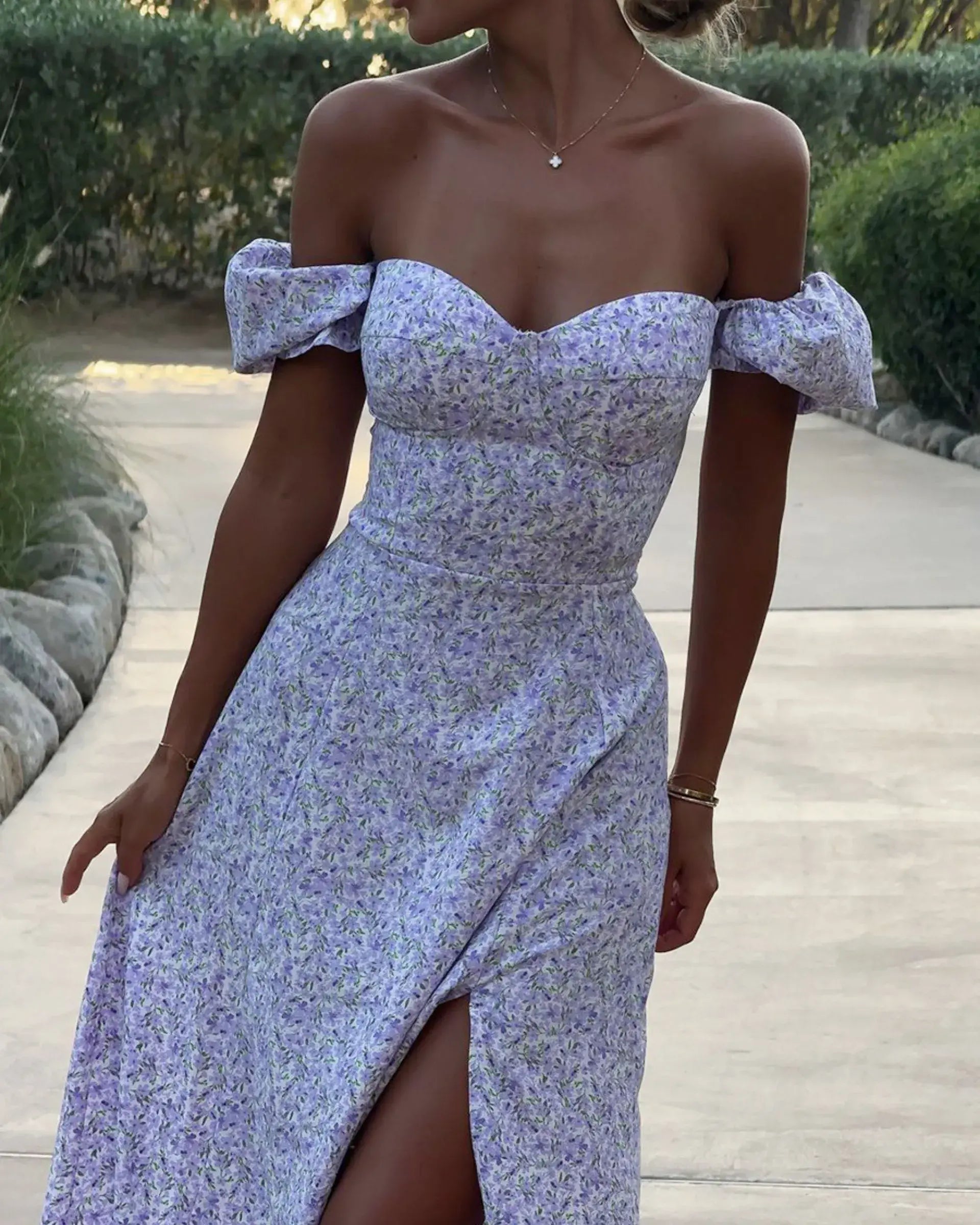 Floral Long Dress with Hollow Shoulder and Split