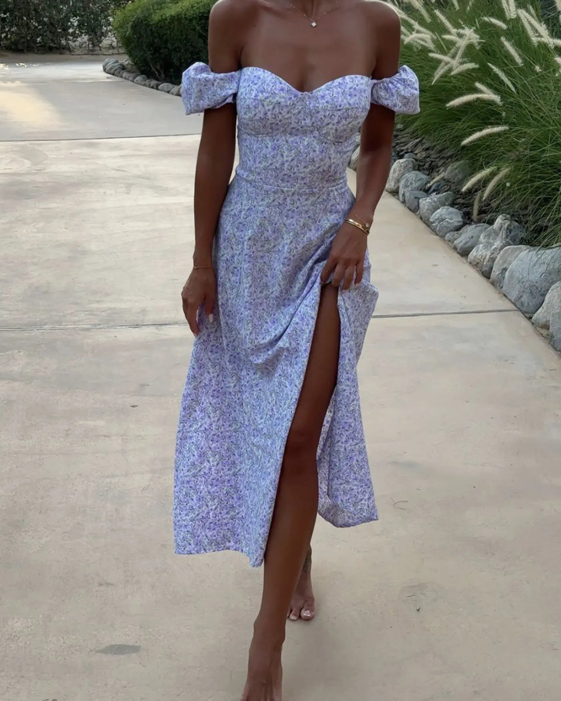Floral Long Dress with Hollow Shoulder and Split