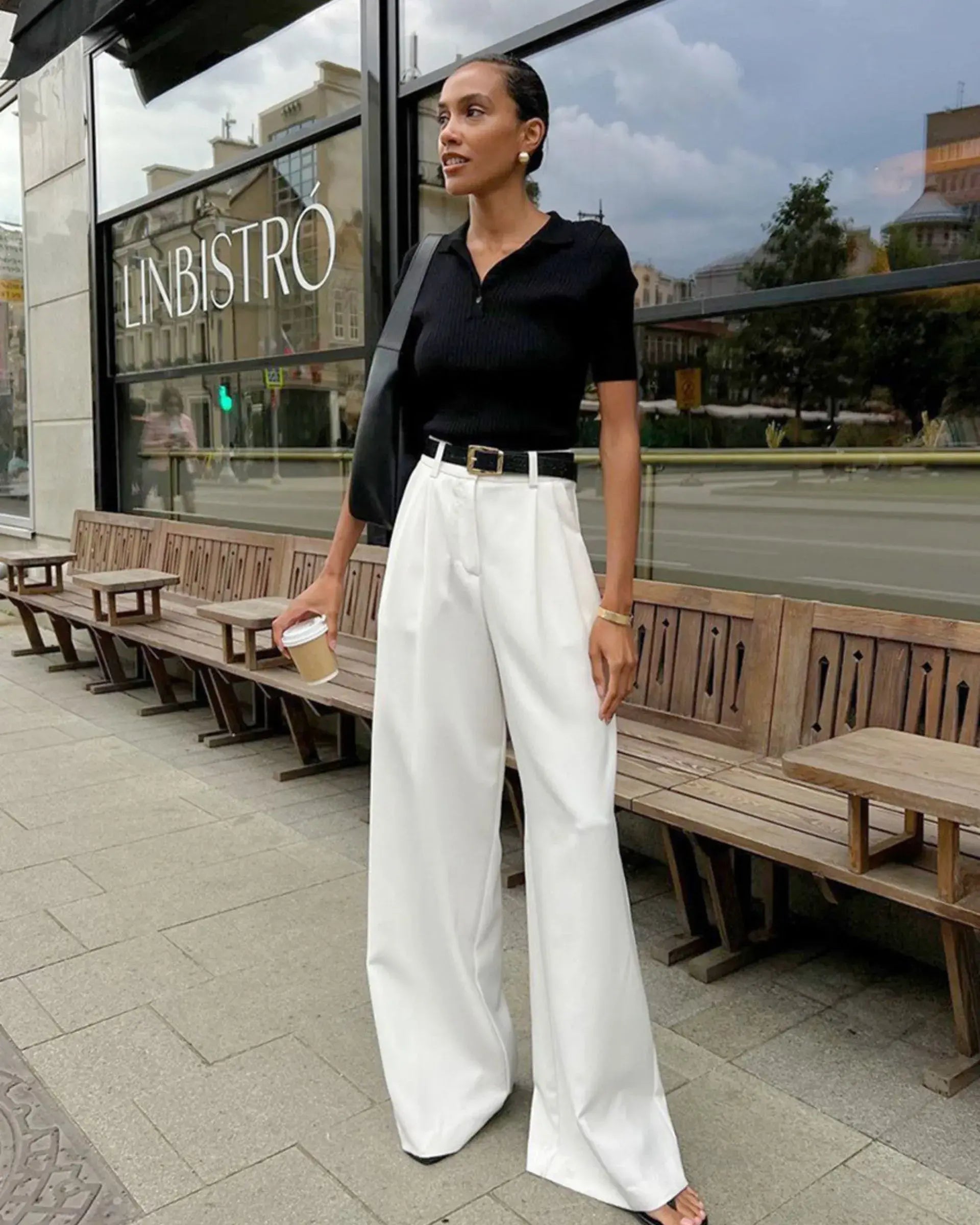 High-Waisted White Trousers with Wide-Leg Fit
