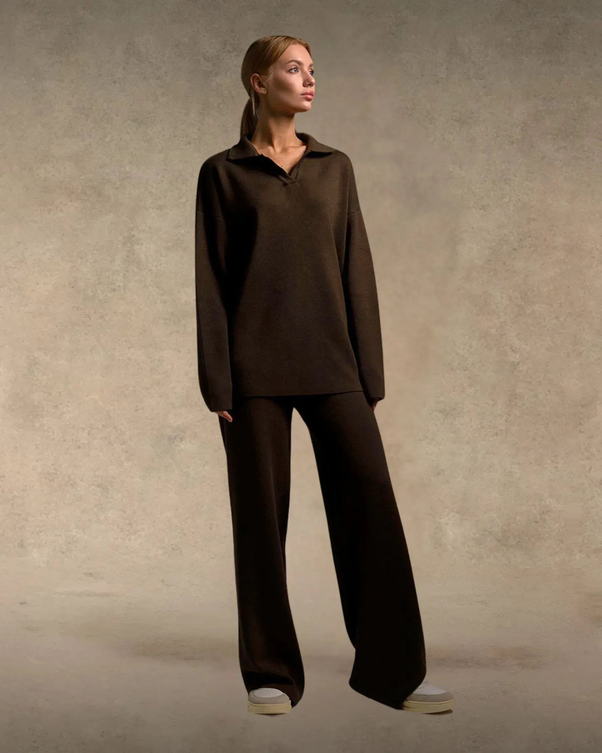 Polo Collar Knitted Sweater With Loos Pants