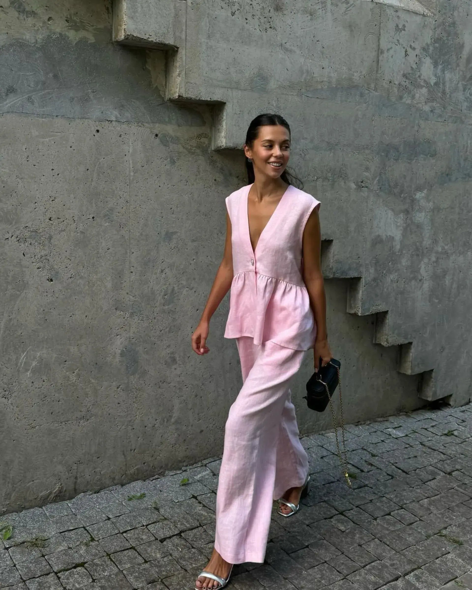 Two-pieces V-neck Sleeveless Vest Long Pants