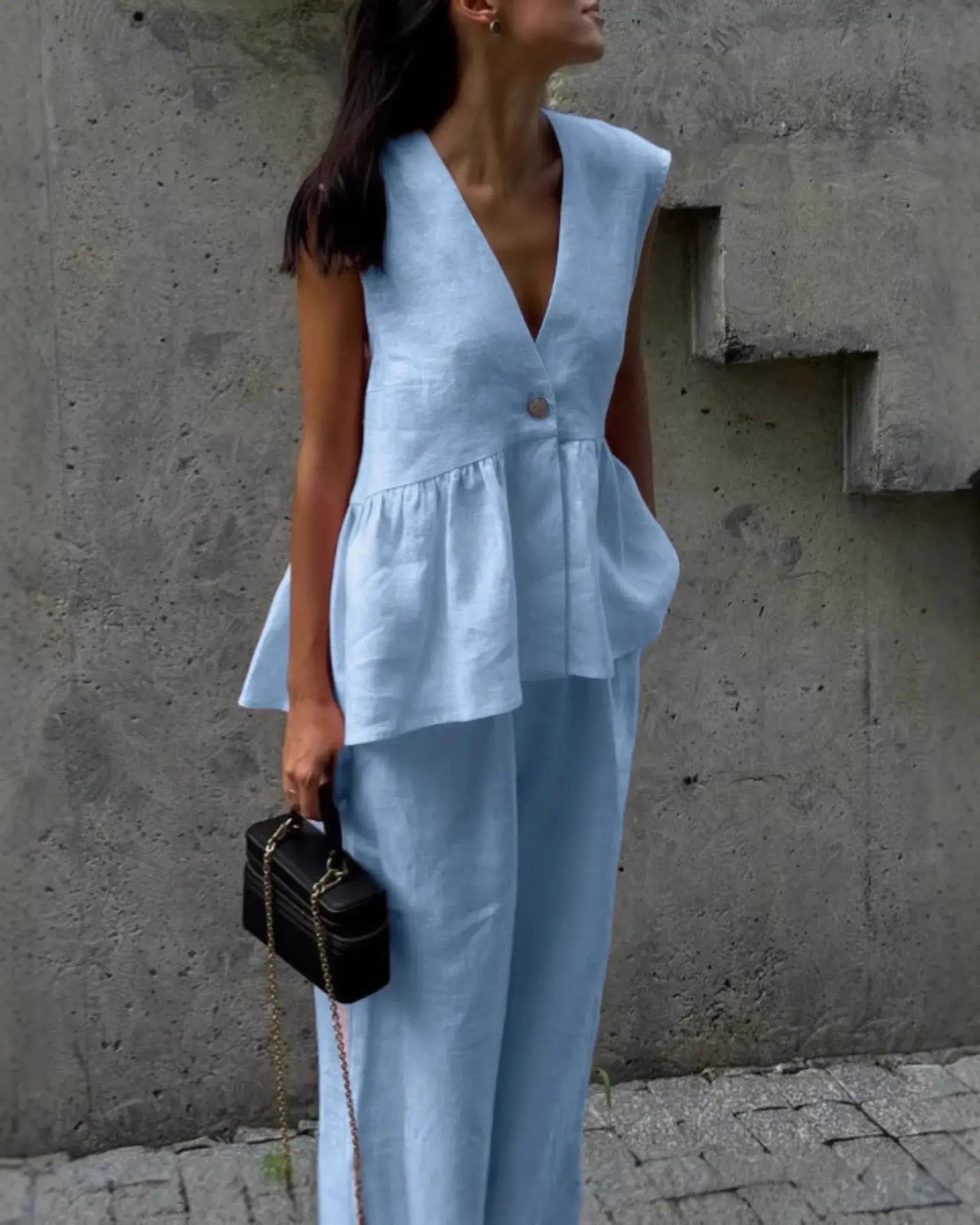 Two-pieces V-neck Sleeveless Vest Long Pants