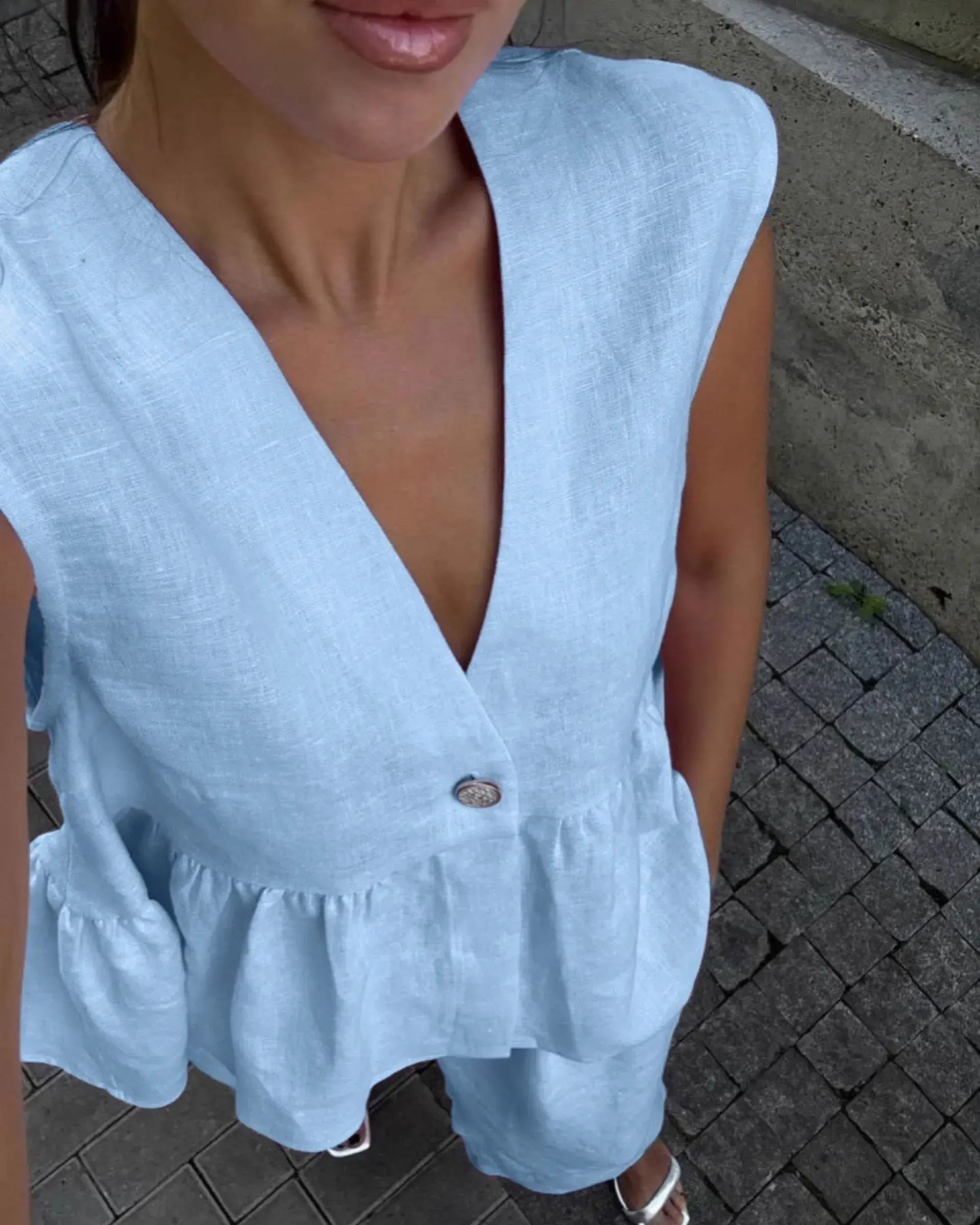 Two-pieces V-neck Sleeveless Vest Long Pants