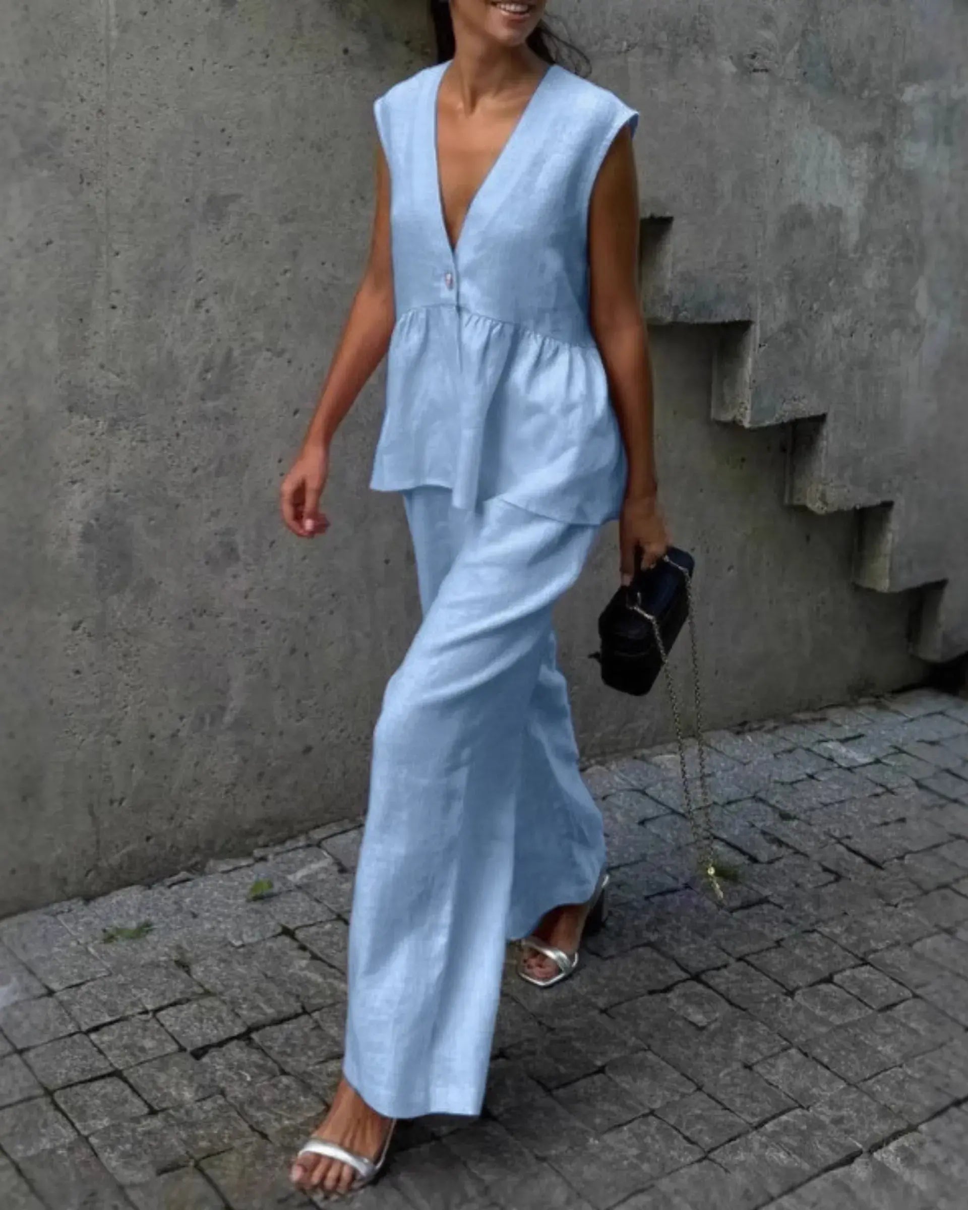 Two-pieces V-neck Sleeveless Vest Long Pants