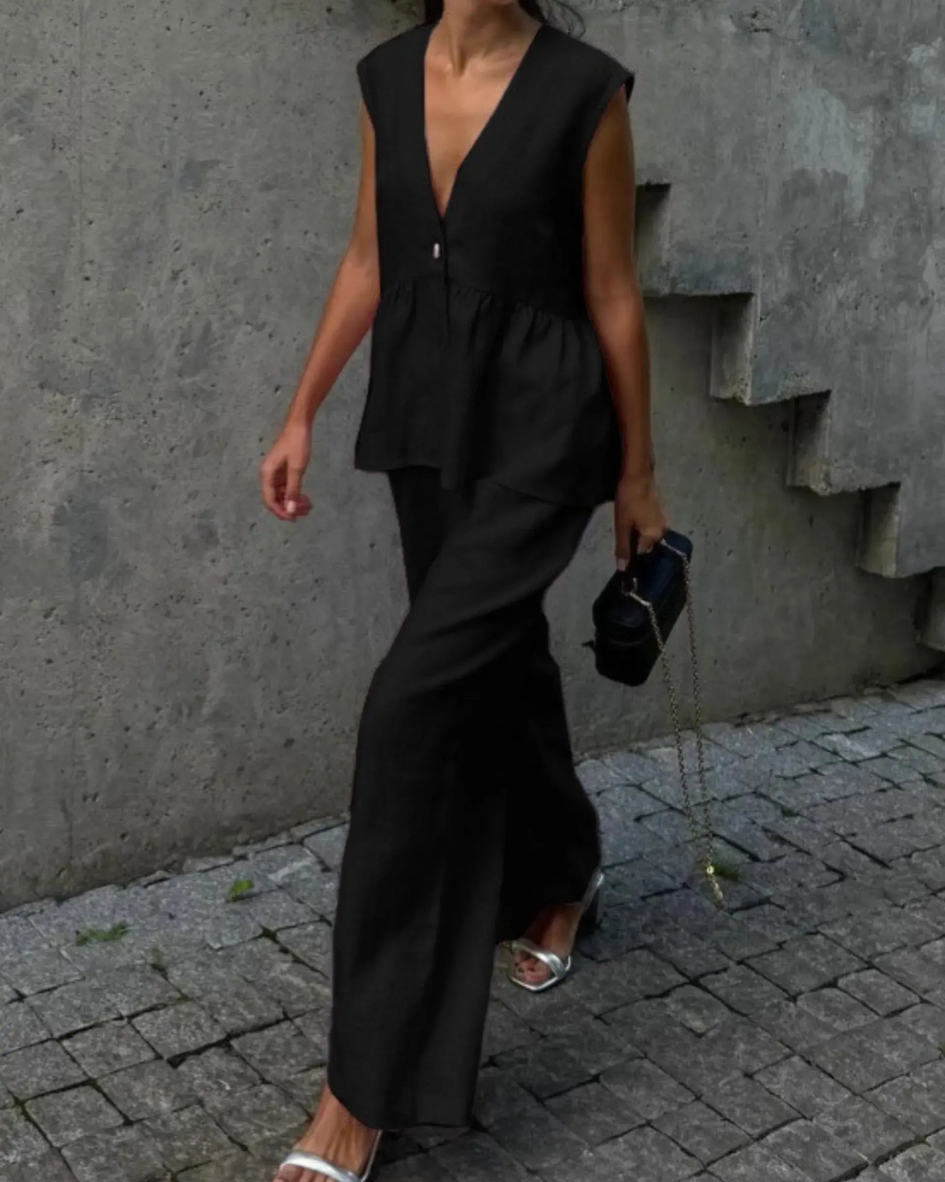 Two-pieces V-neck Sleeveless Vest Long Pants