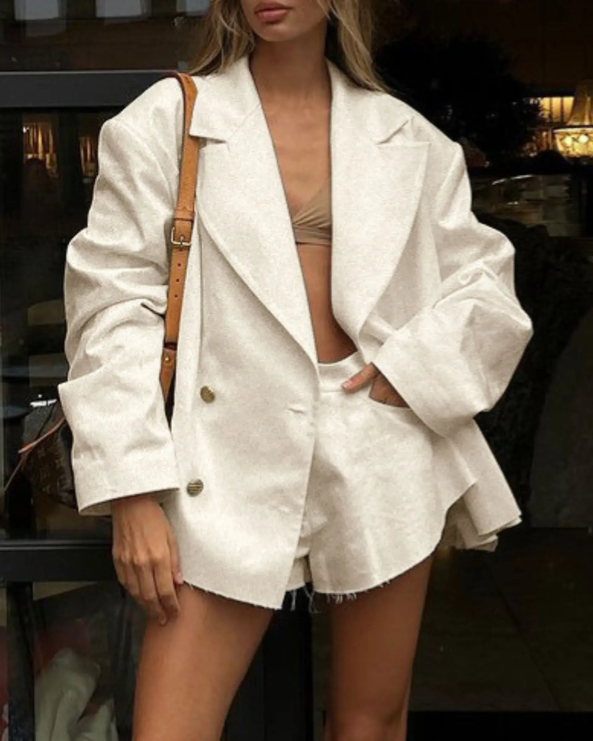 Women Linen Blazer Suits Two Piece Set with Short