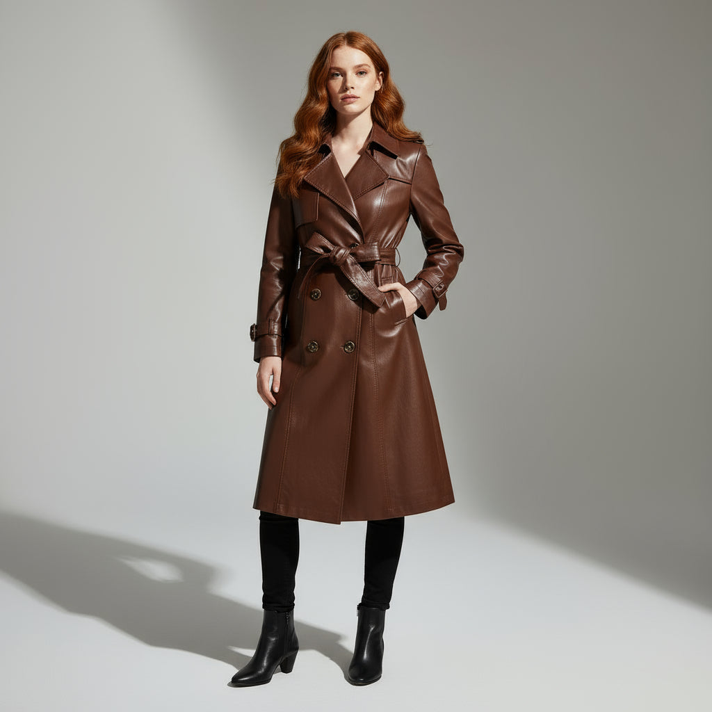 Calista Genuine Leather Trench Coat