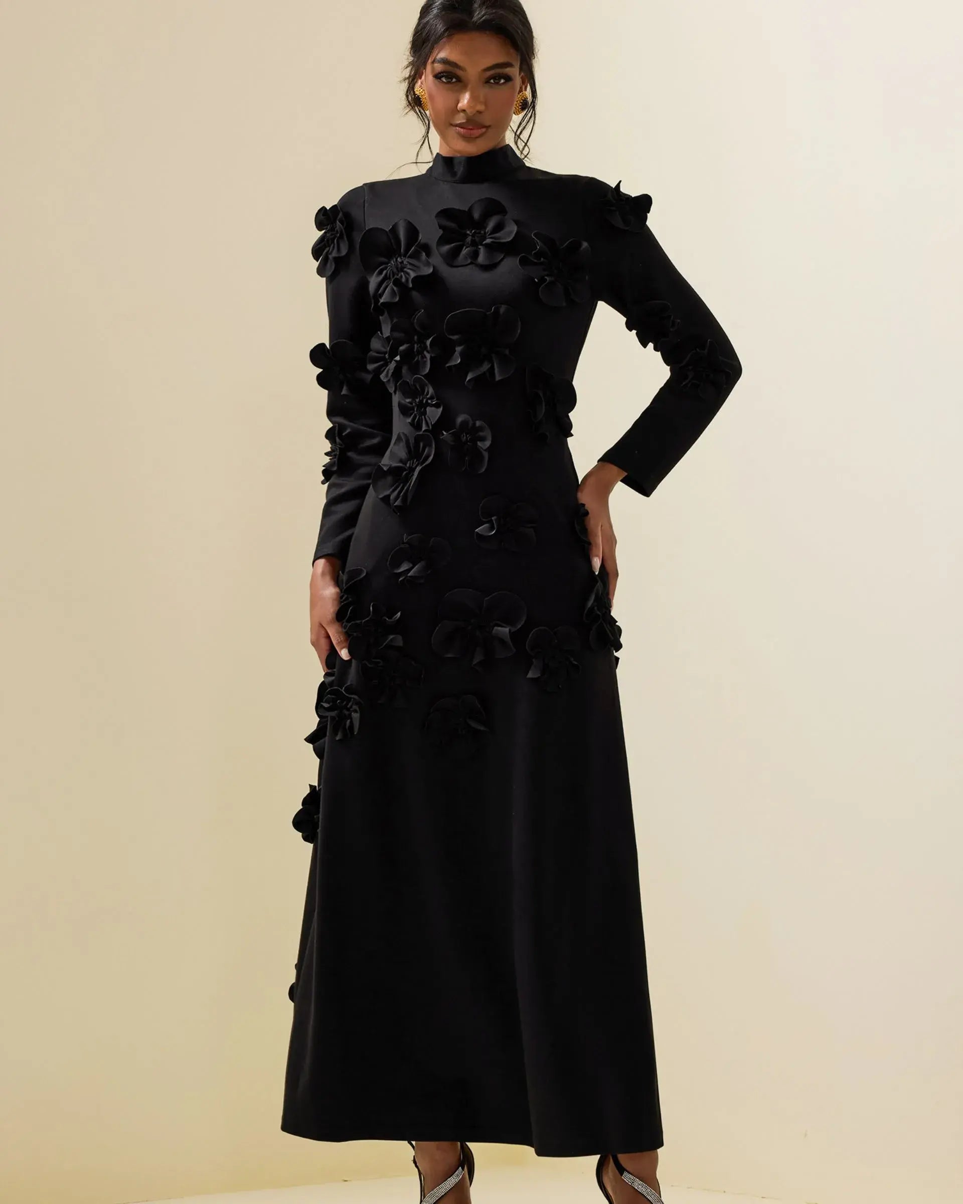 3D Flower Stand Collar Long Sleeve Dress