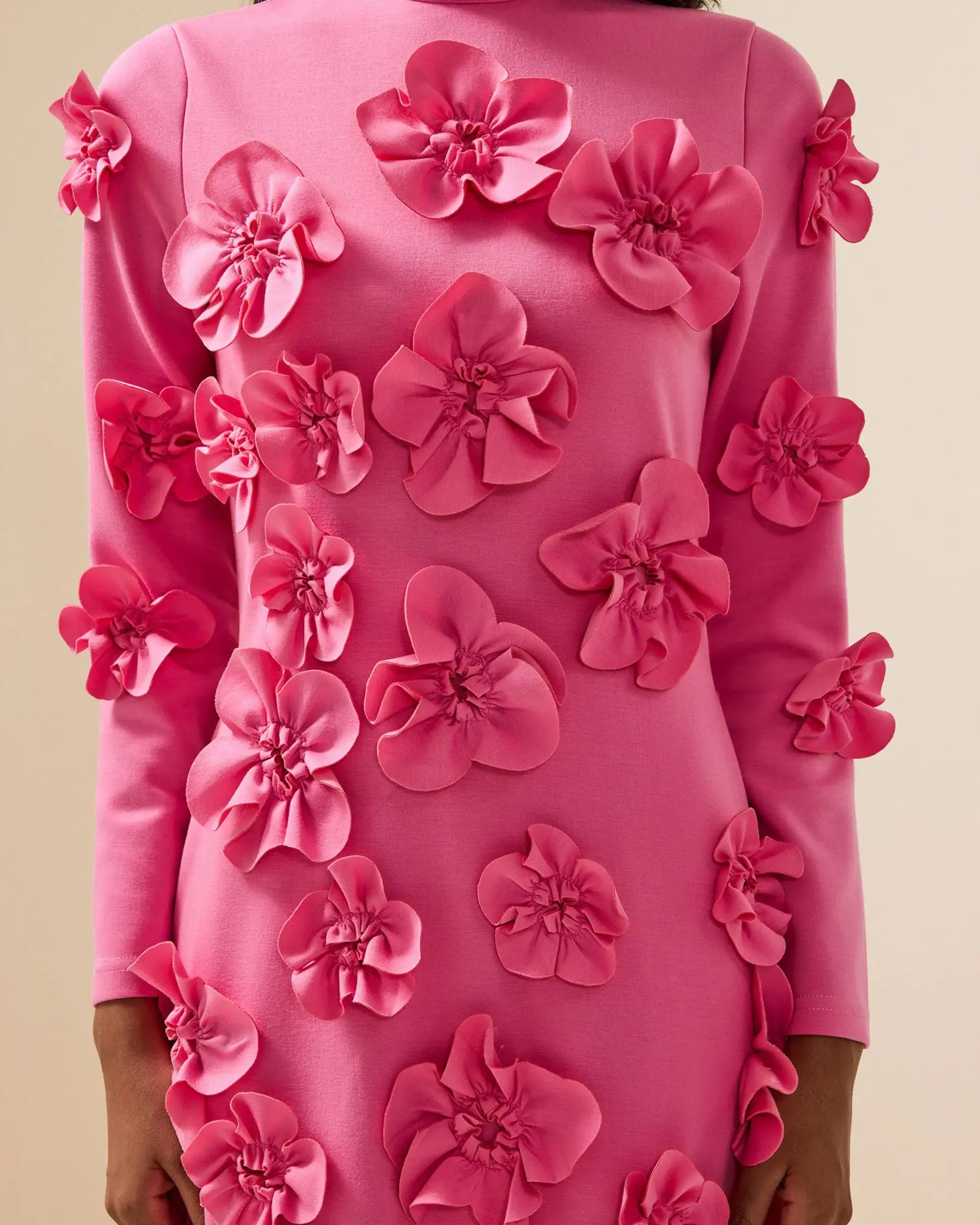 3D Flower Stand Collar Long Sleeve Dress