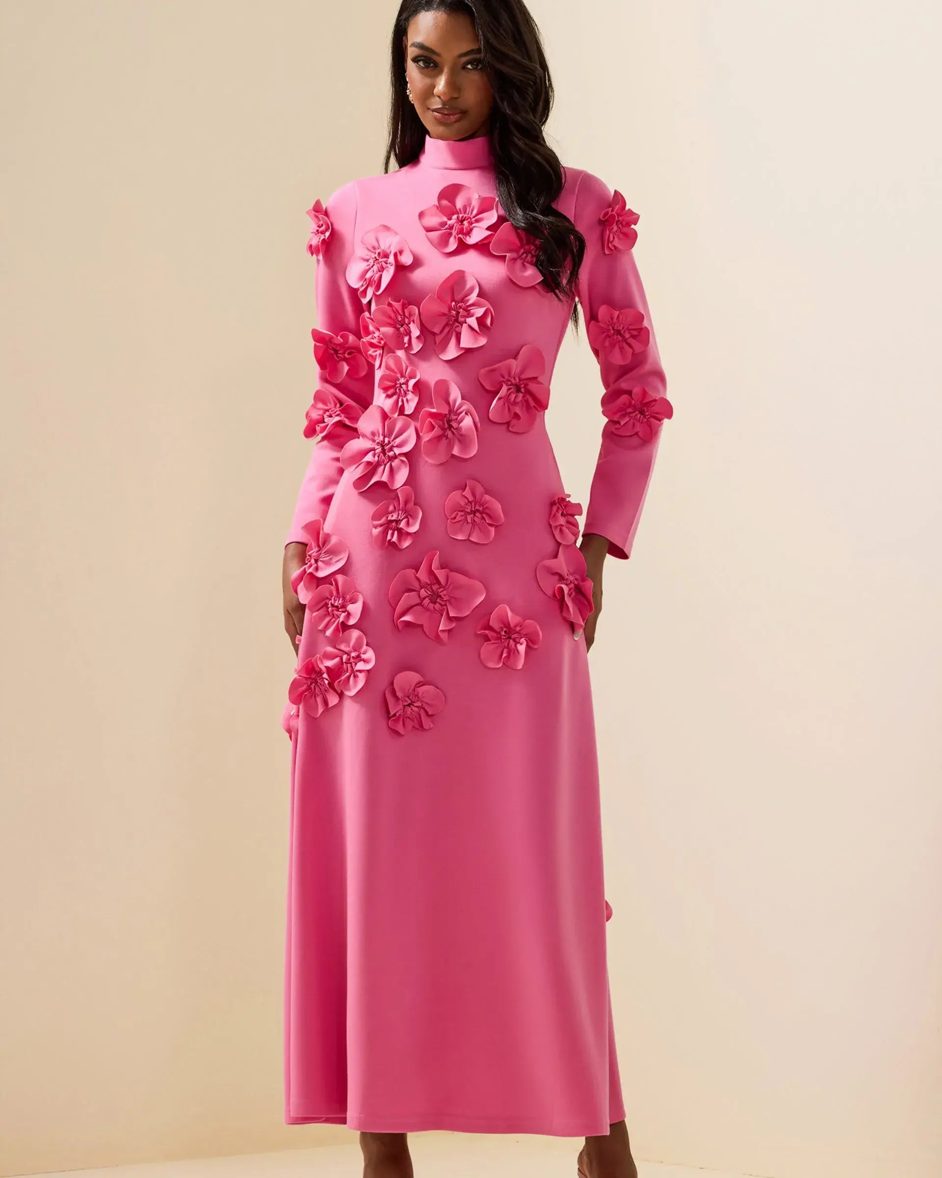 3D Flower Stand Collar Long Sleeve Dress