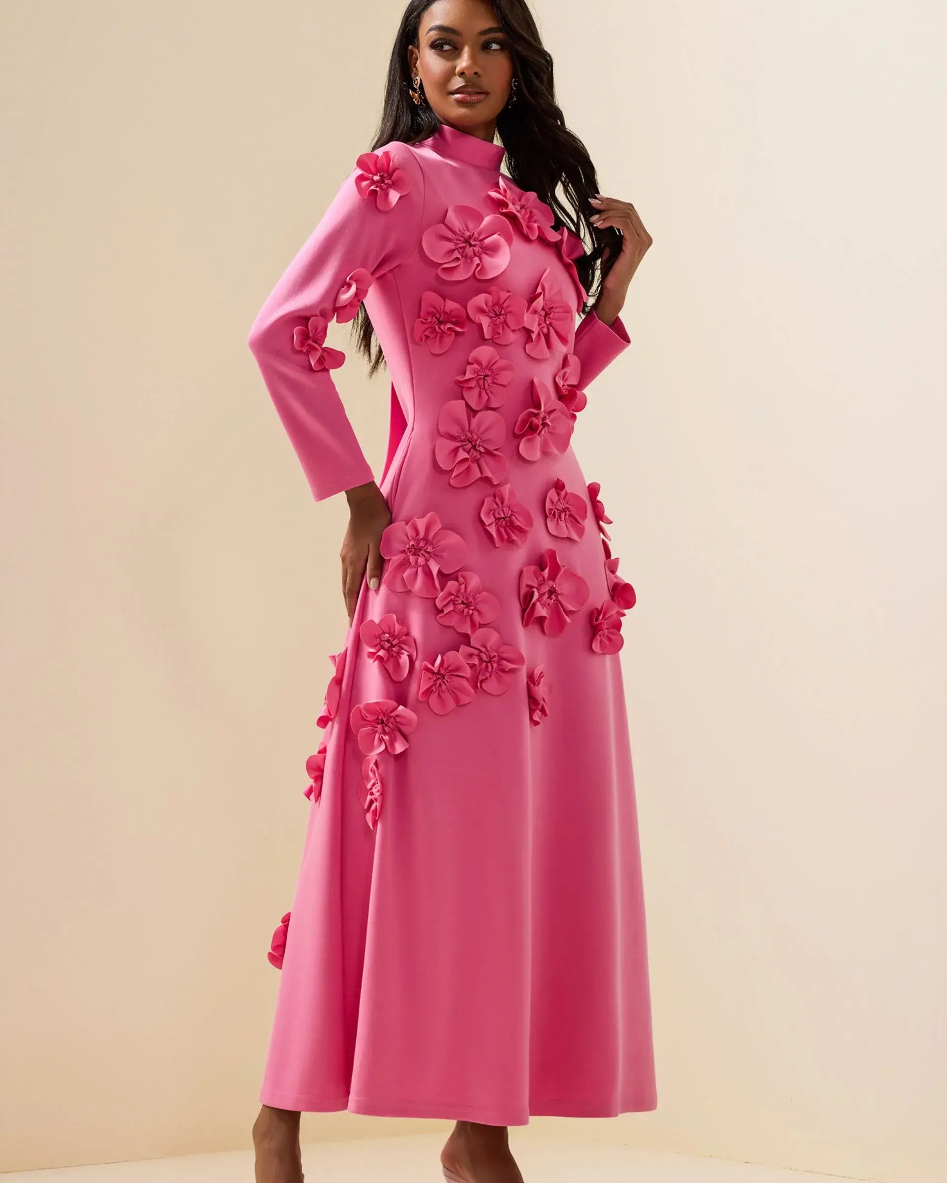 3D Flower Stand Collar Long Sleeve Dress