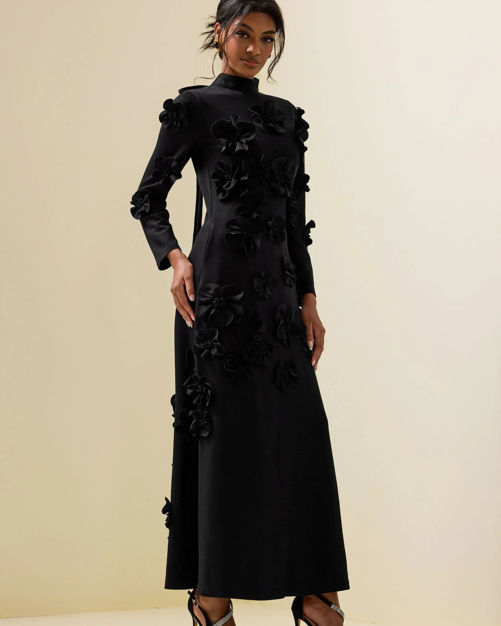 3D Flower Stand Collar Long Sleeve Dress