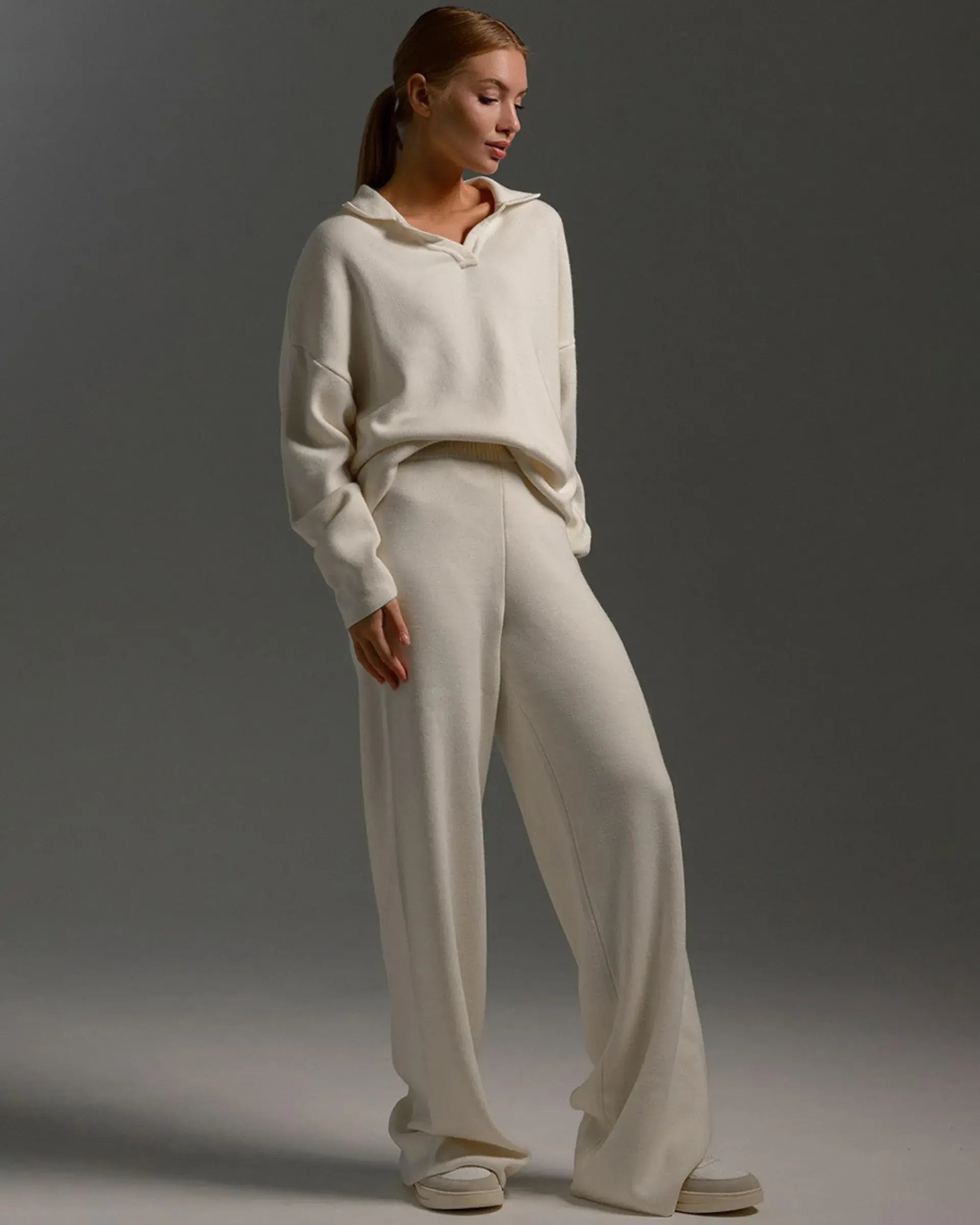 Polo Collar Knitted Sweater With Loos Pants