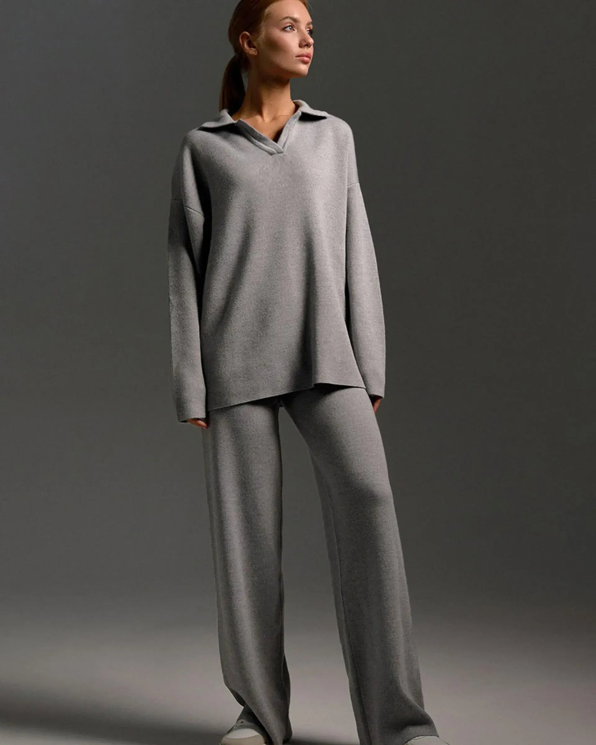 Polo Collar Knitted Sweater With Loos Pants