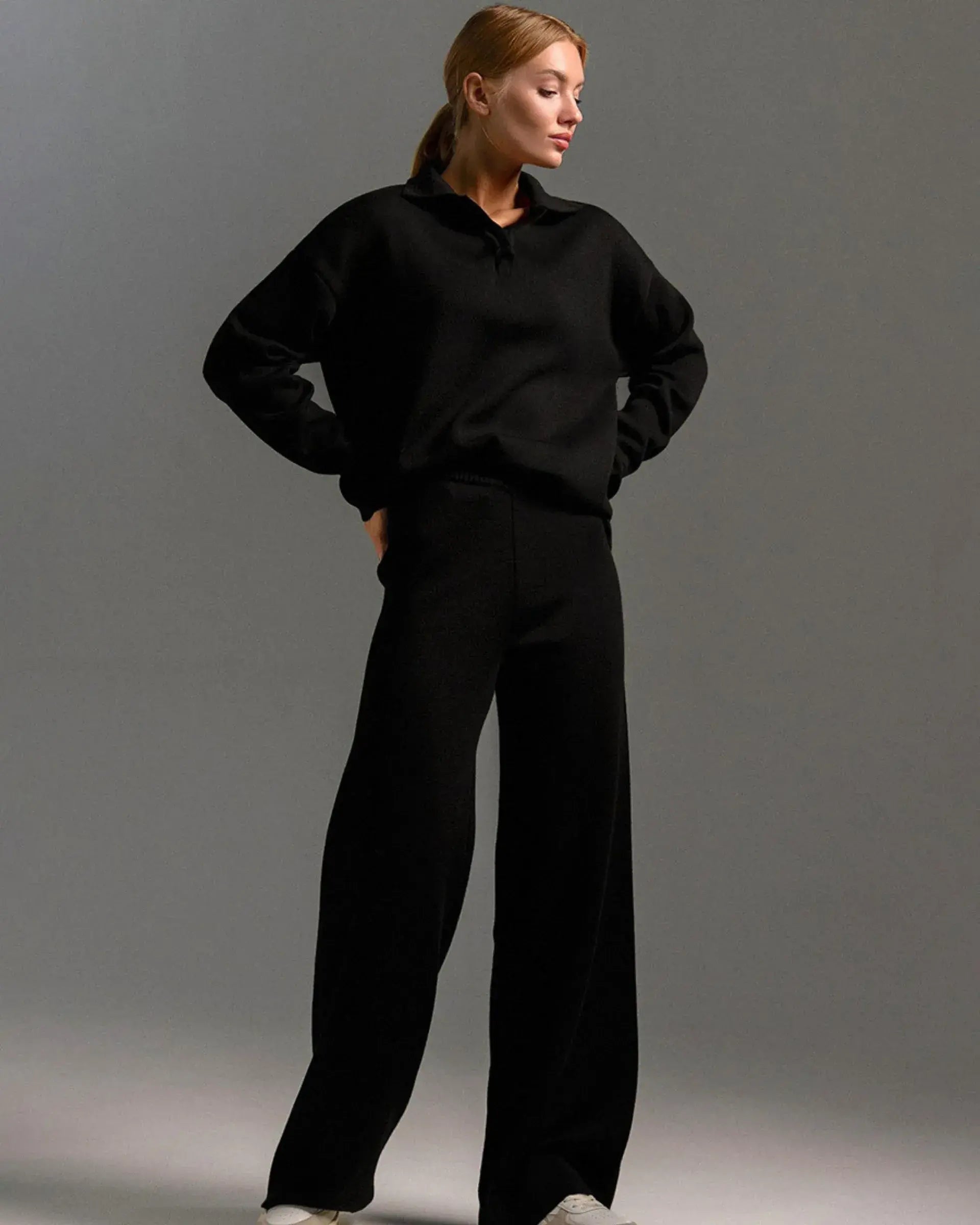 Polo Collar Knitted Sweater With Loos Pants