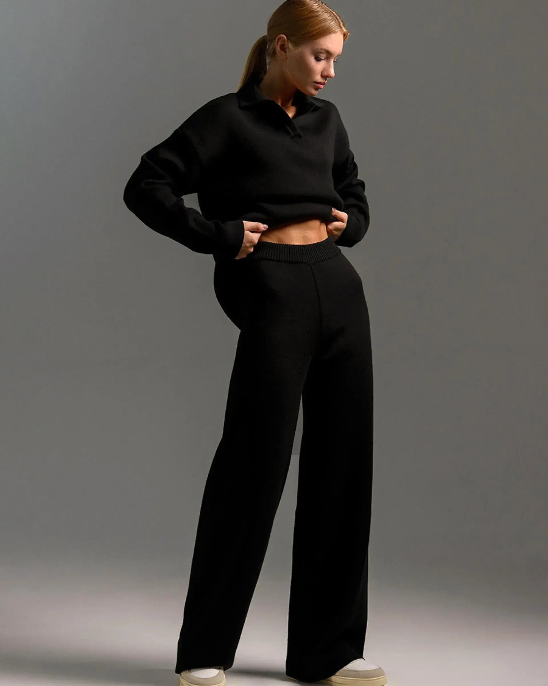 Polo Collar Knitted Sweater With Loos Pants