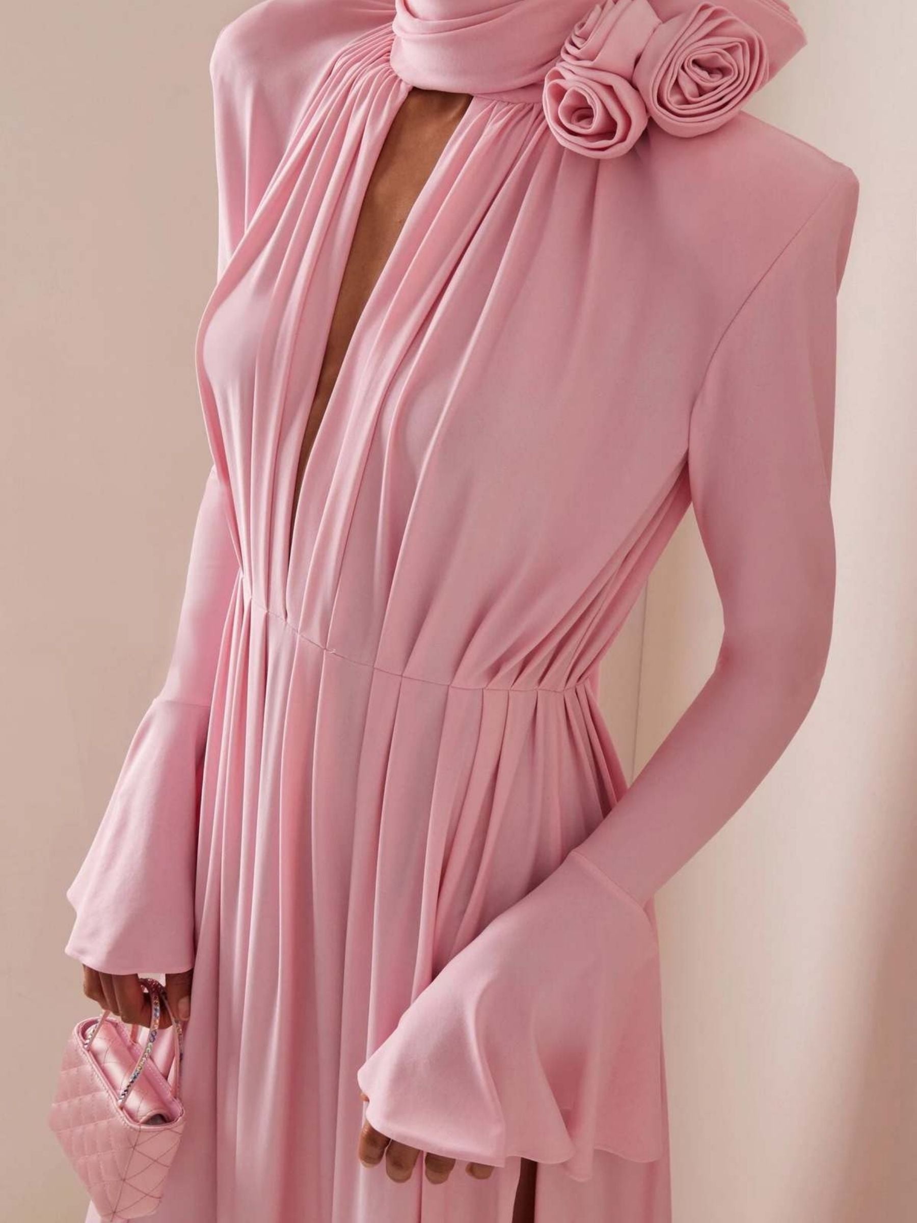 Amelie - 3D Flower Deep‑V Maxi Dress