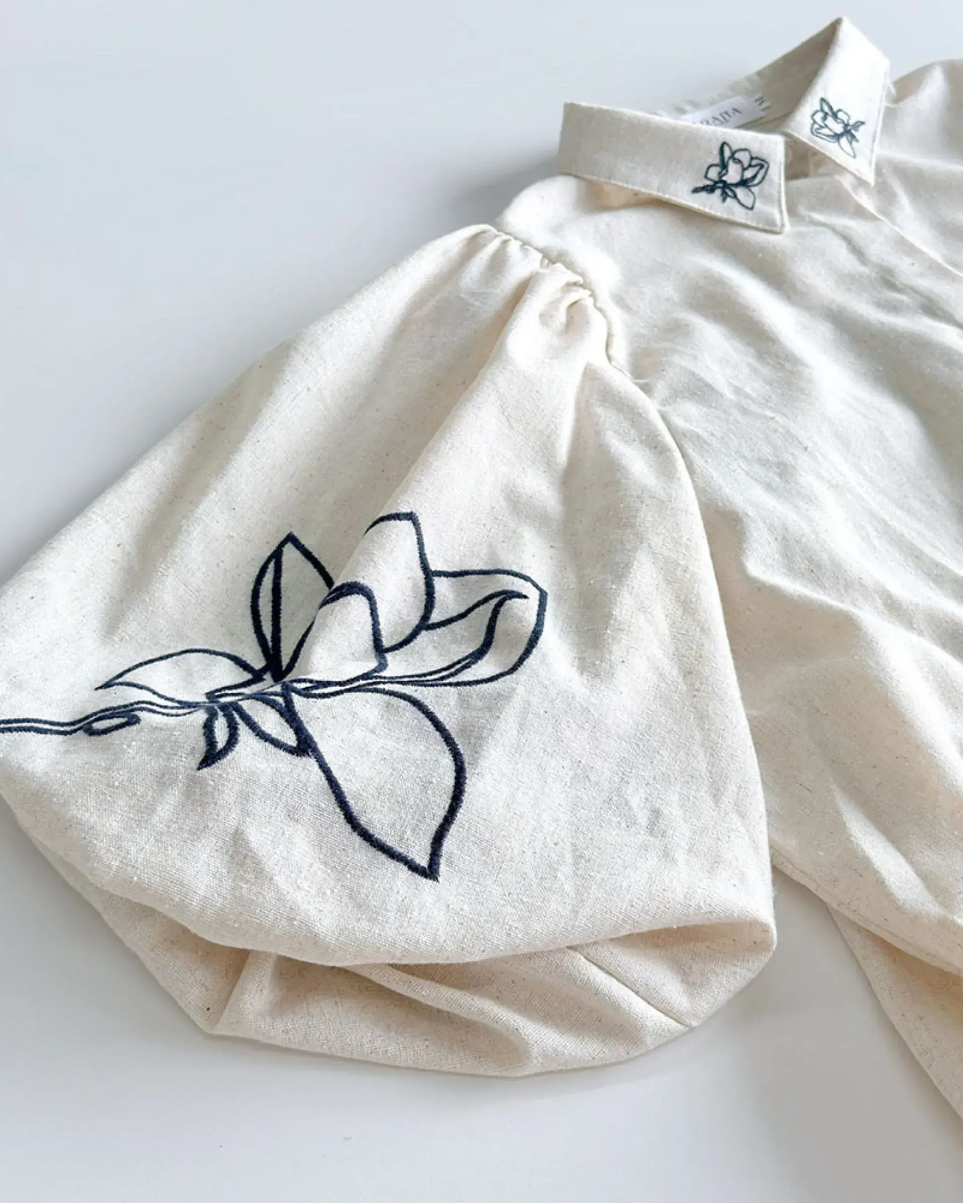 Puffer Sleeve Fashion Linen Embroidered Shirt