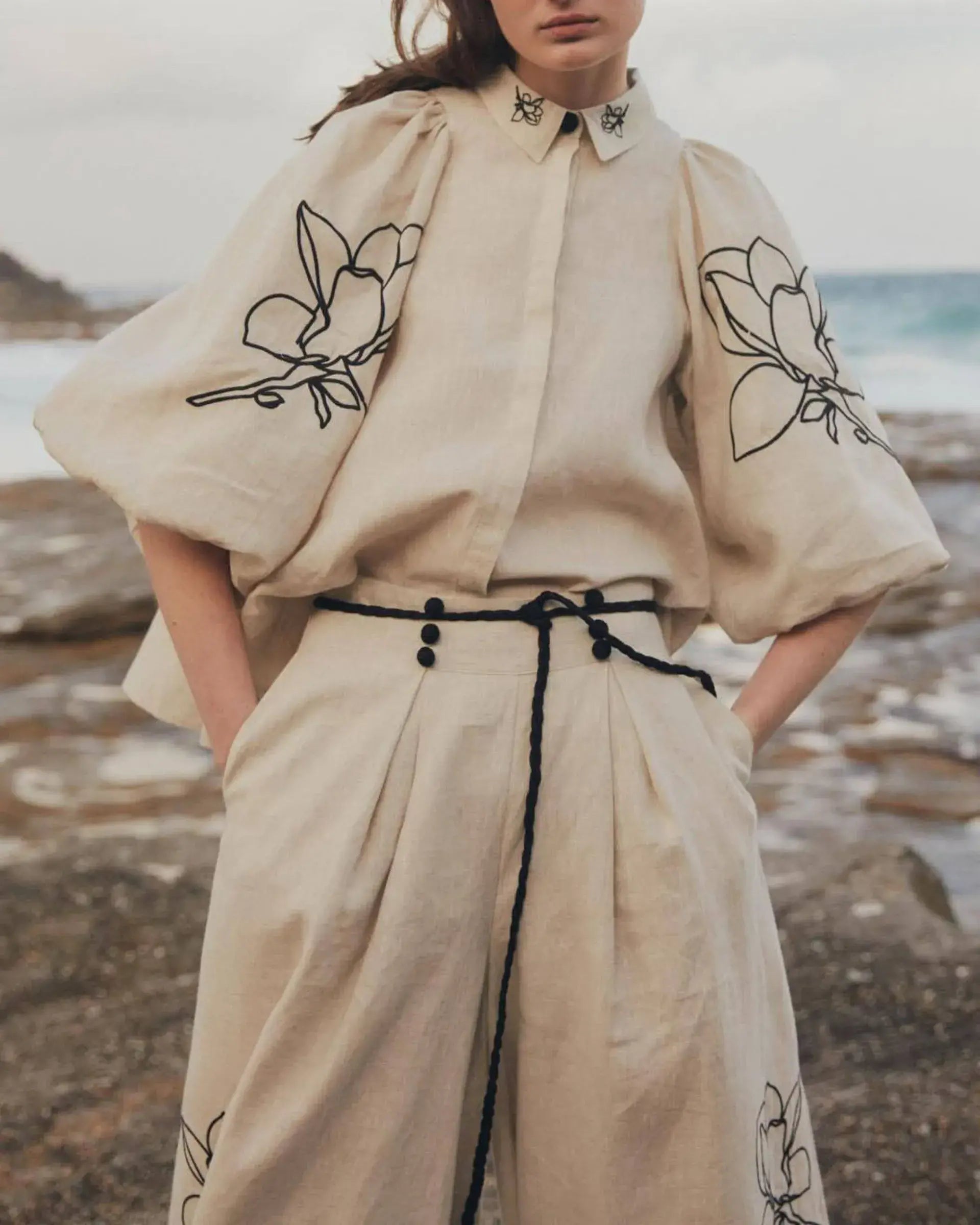 Puffer Sleeve Fashion Linen Embroidered Shirt