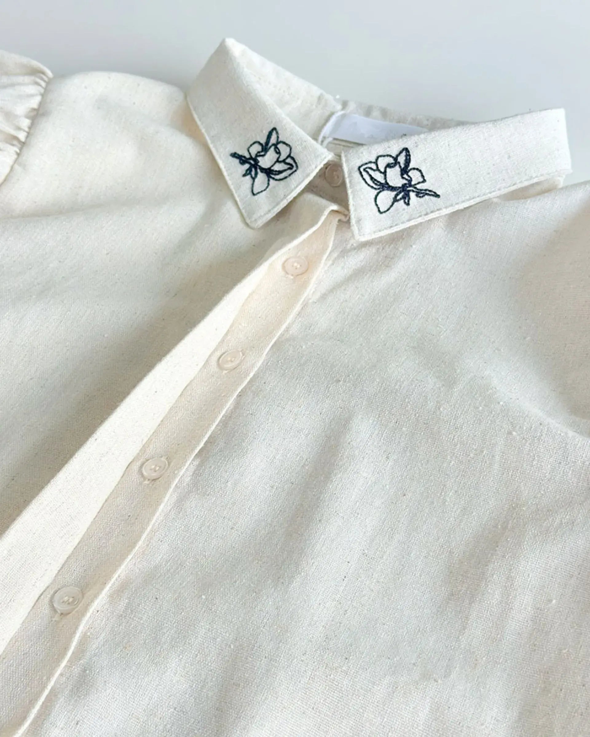 Puffer Sleeve Fashion Linen Embroidered Shirt