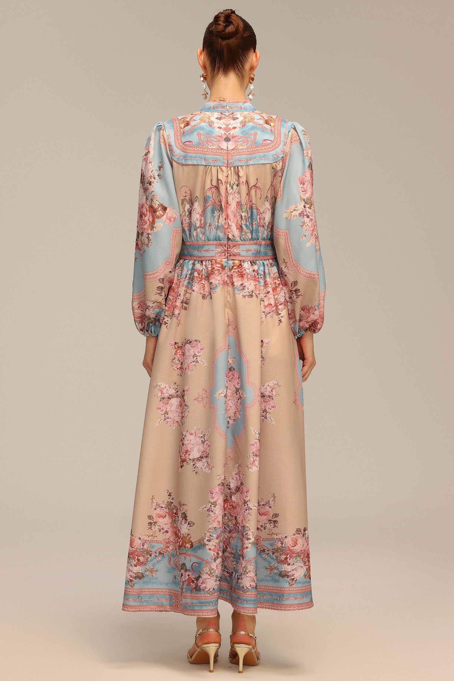 Dorte Blue Long Sleeve Floral Printed Maxi Dress