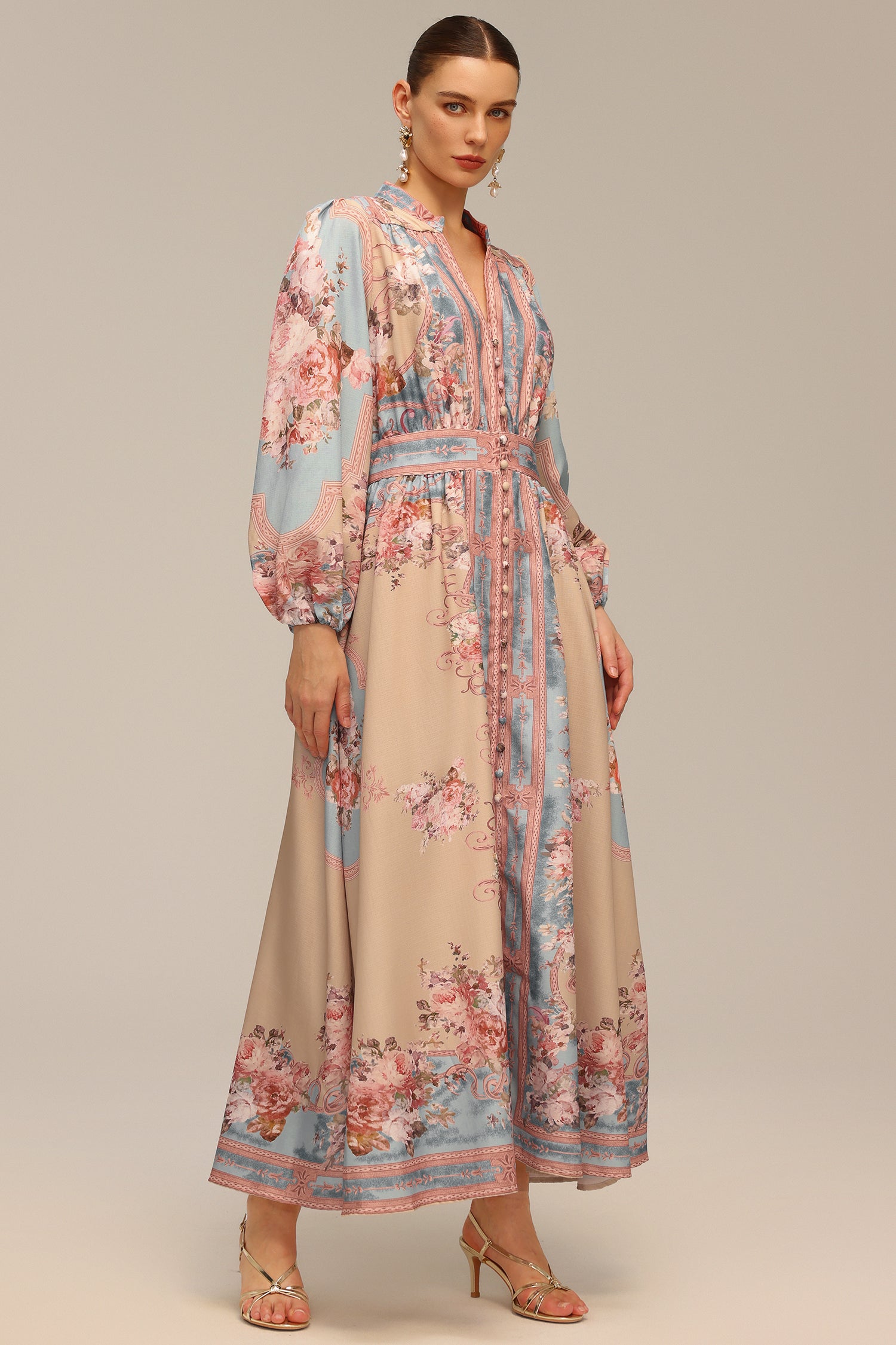 Dorte Blue Long Sleeve Floral Printed Maxi Dress
