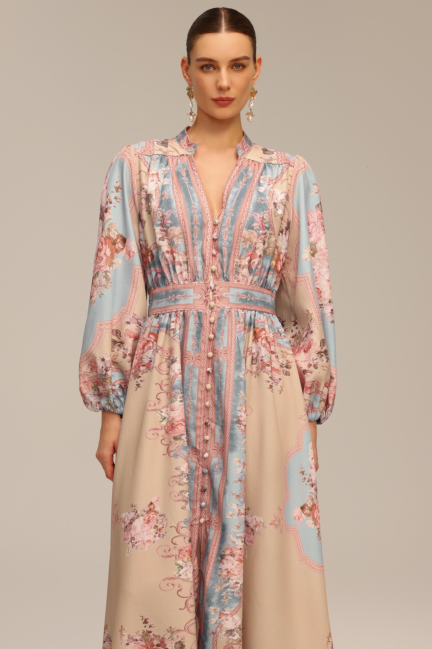 Dorte Blue Long Sleeve Floral Printed Maxi Dress