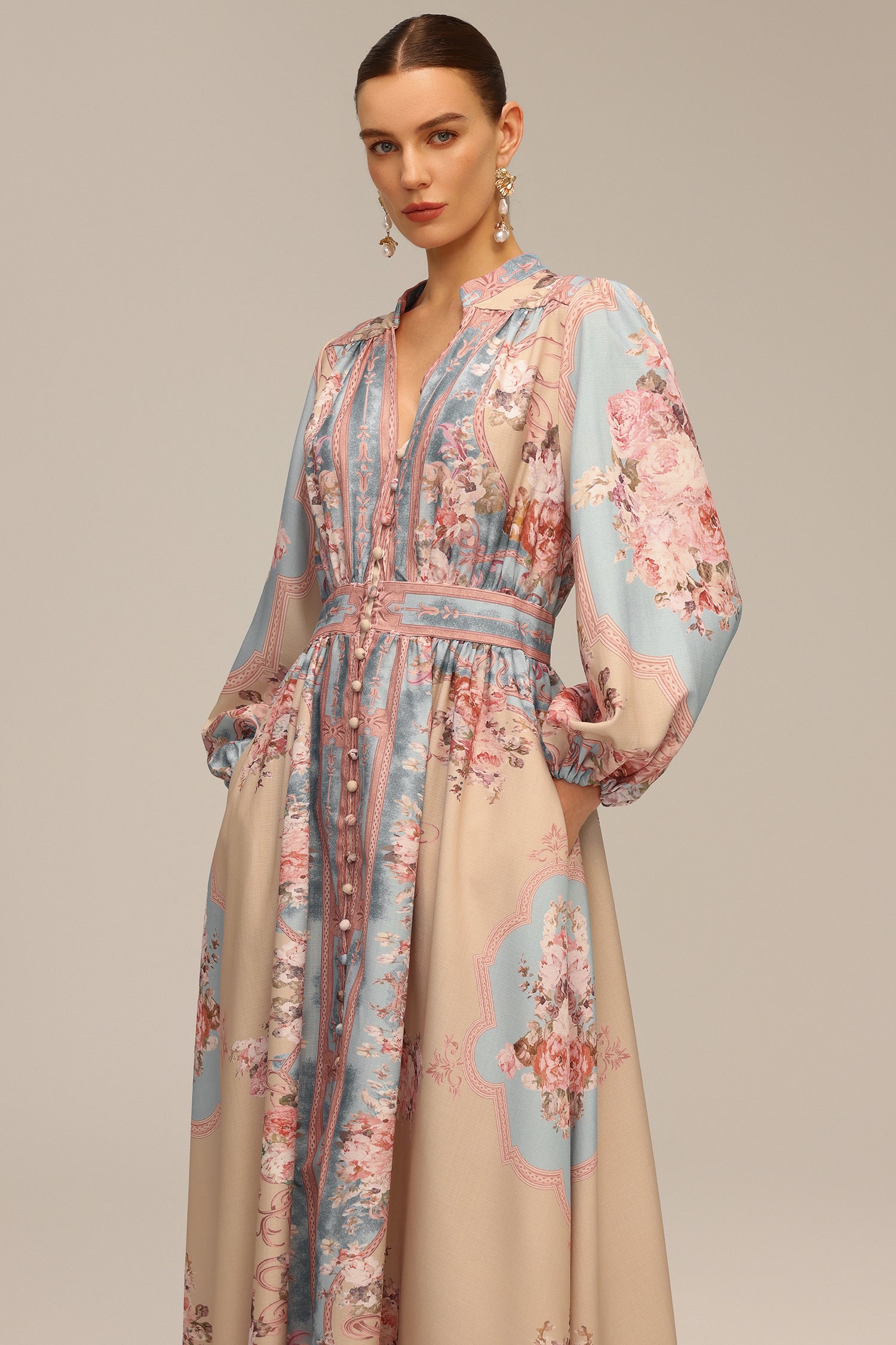 Dorte Blue Long Sleeve Floral Printed Maxi Dress