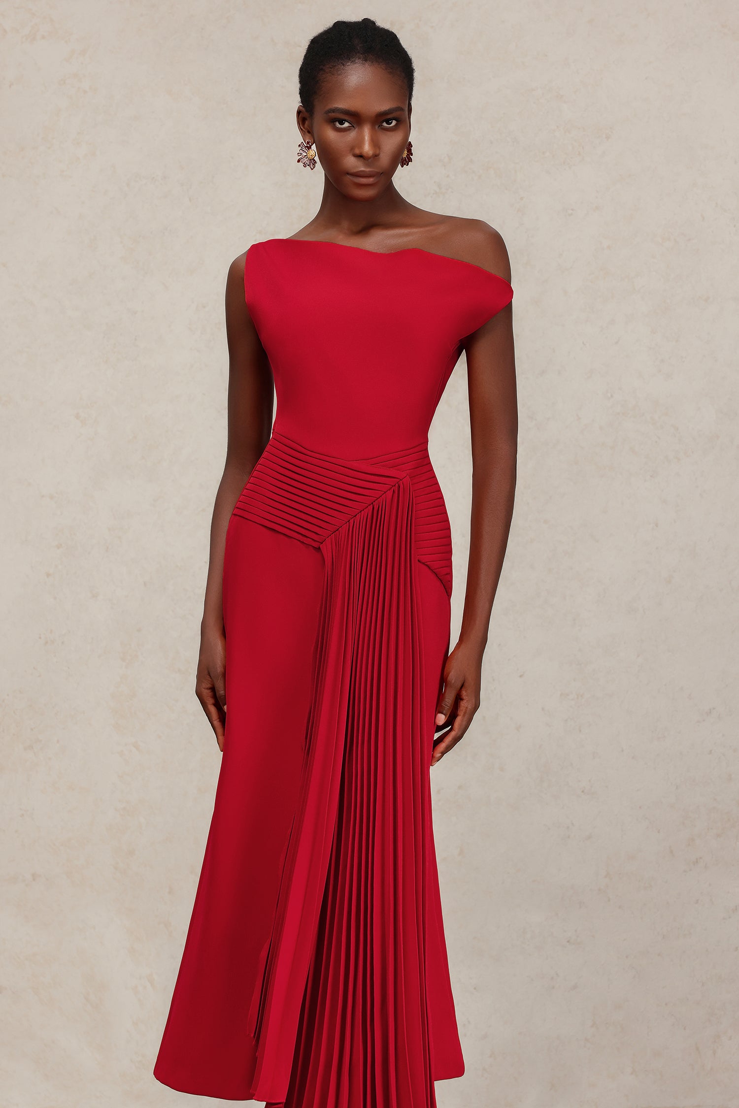 Adele Red Oblique Shoulder Sleeveless Folds Midi