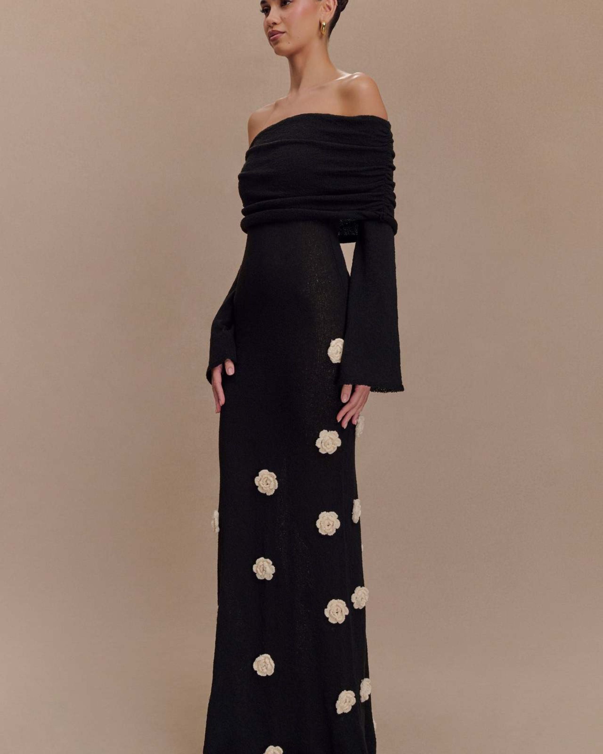 Emille 3D Flower Off-Shoulder Maxi Dress