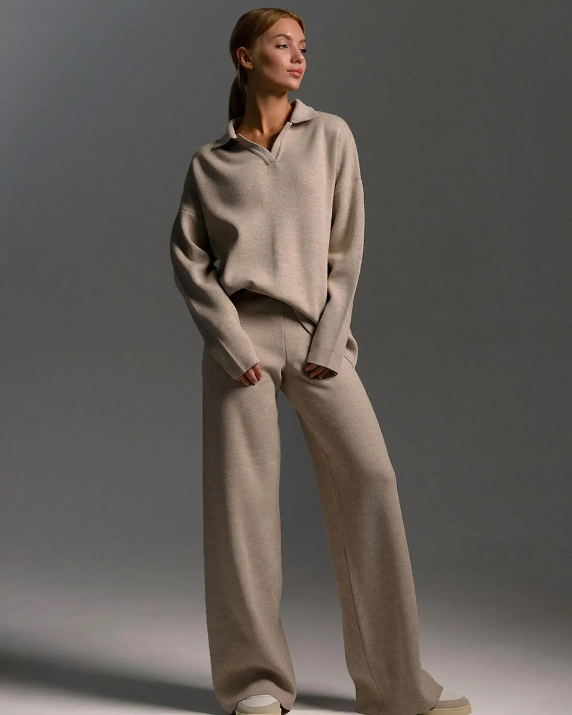 Polo Collar Knitted Sweater With Loos Pants