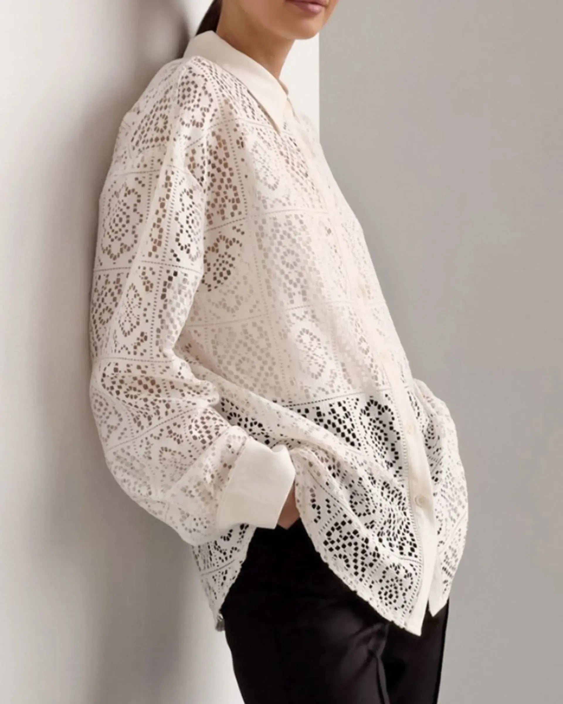 Long Sleeve Lace Button Down Shirt