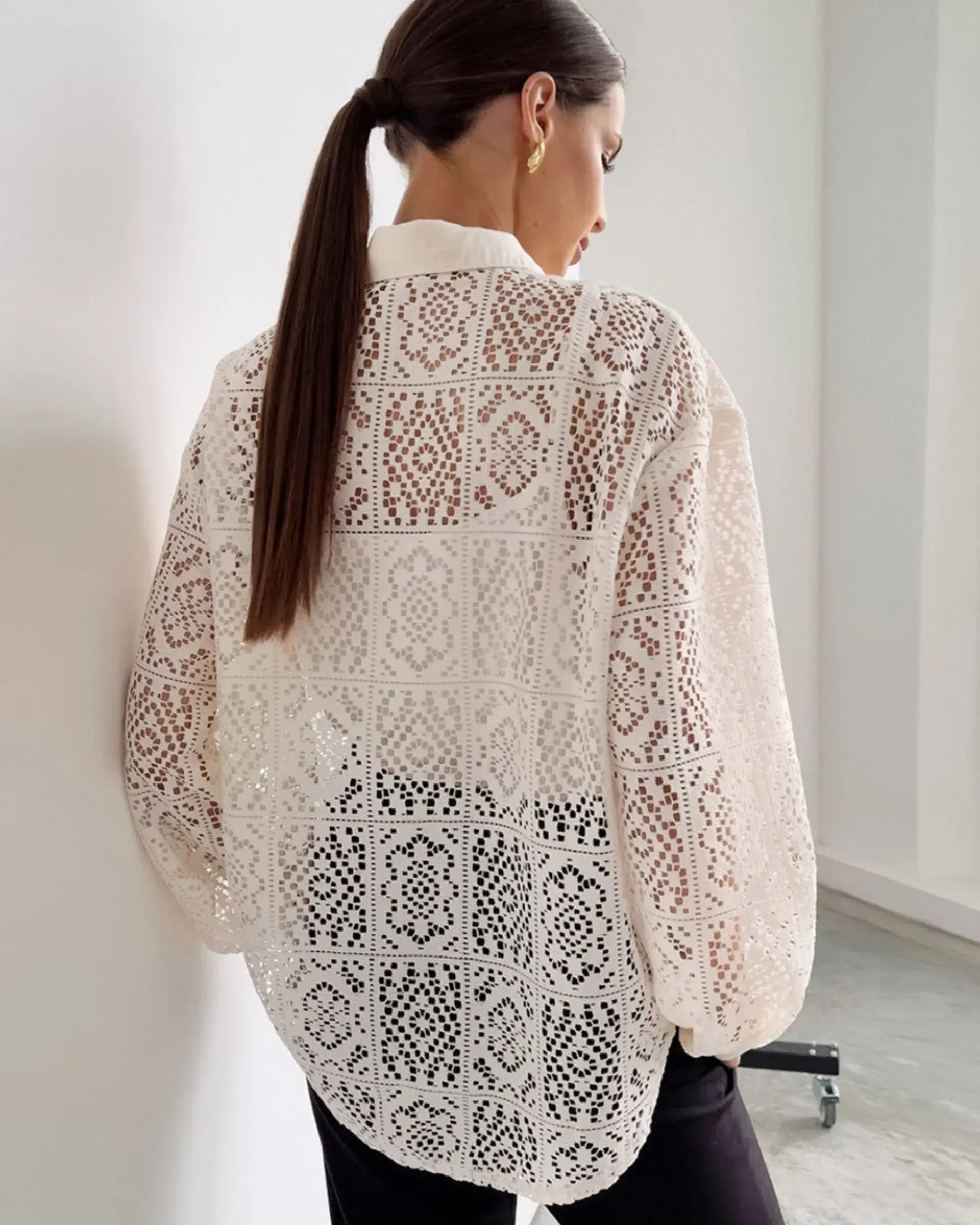 Long Sleeve Lace Button Down Shirt
