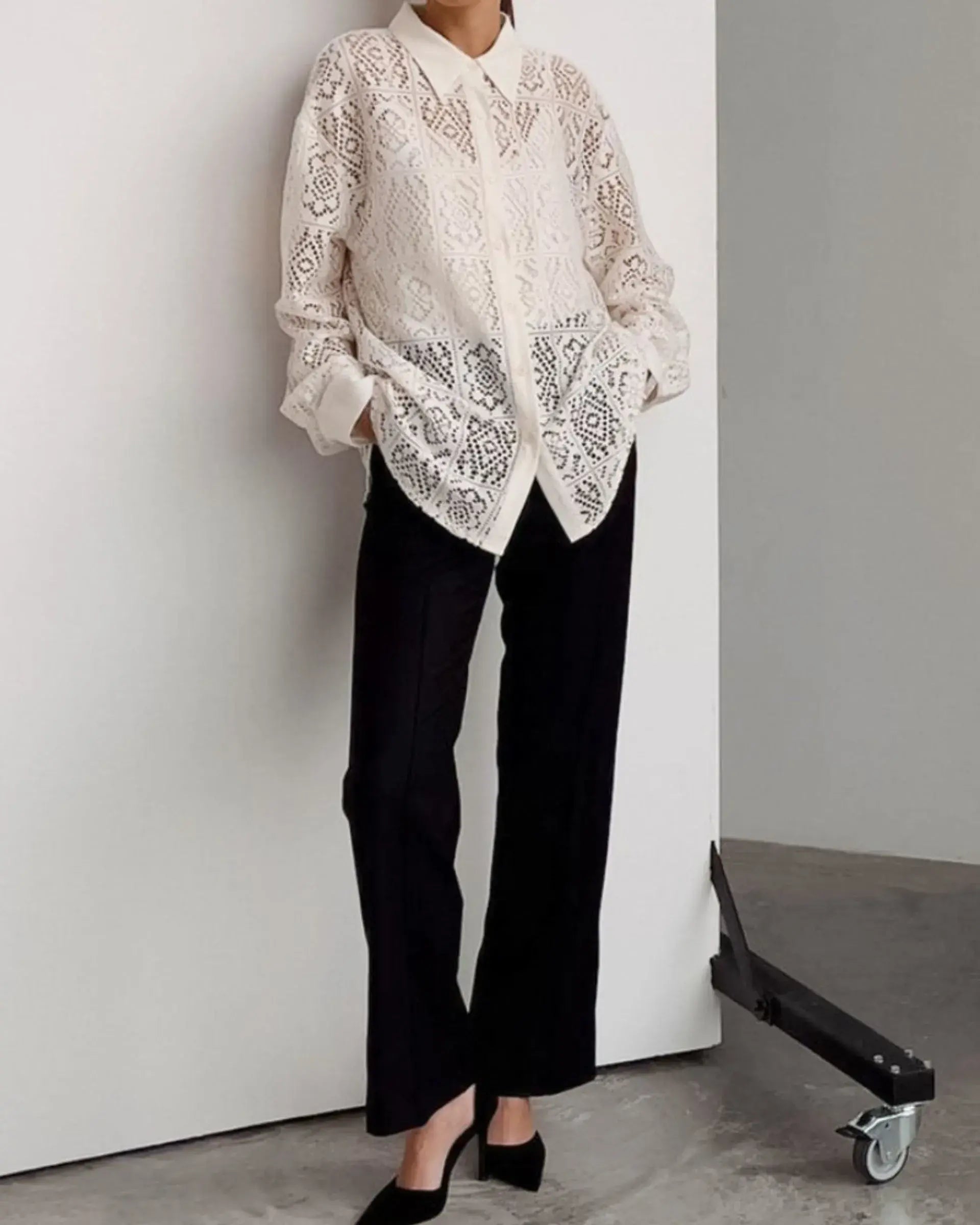 Long Sleeve Lace Button Down Shirt