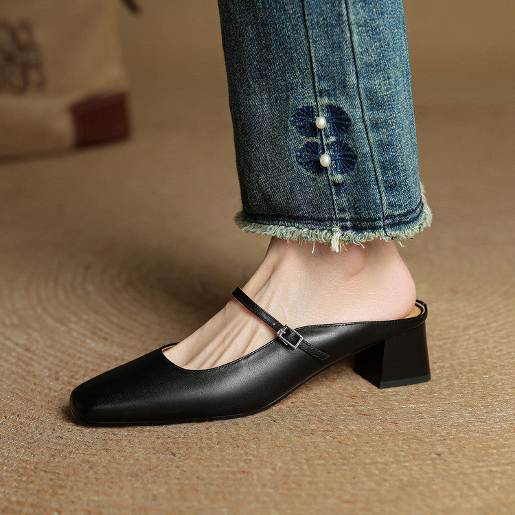 Valora Genuine Leather Slip-On Mules