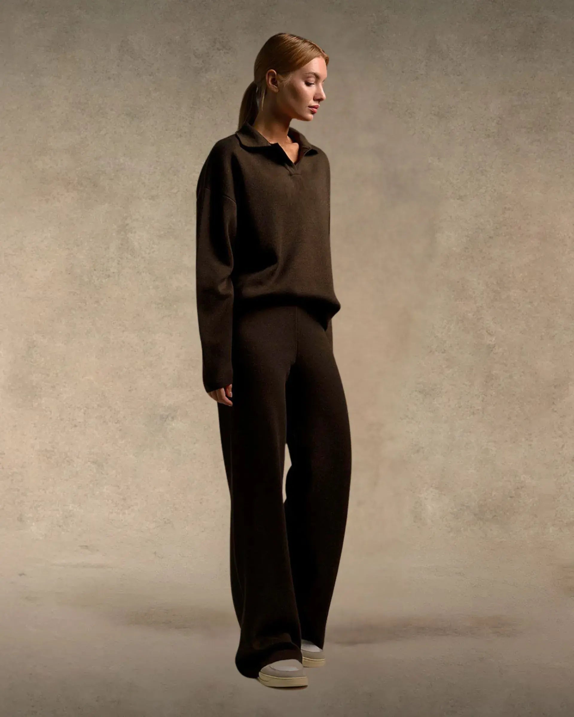Polo Collar Knitted Sweater With Loos Pants