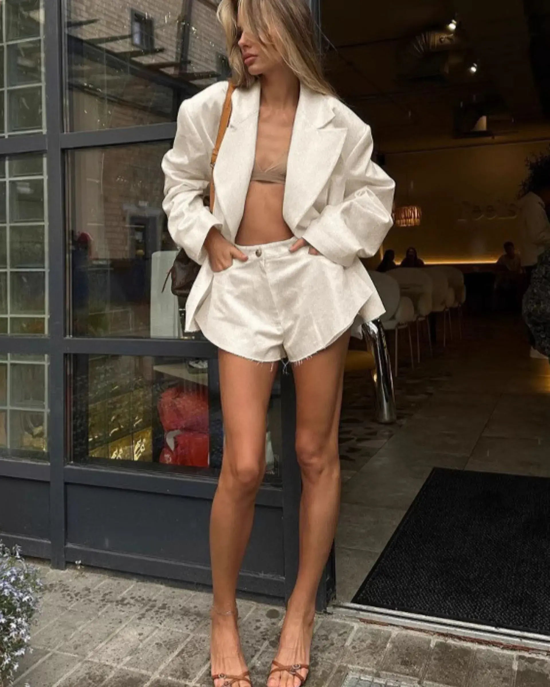 Women Linen Blazer Suits Two Piece Set with Short