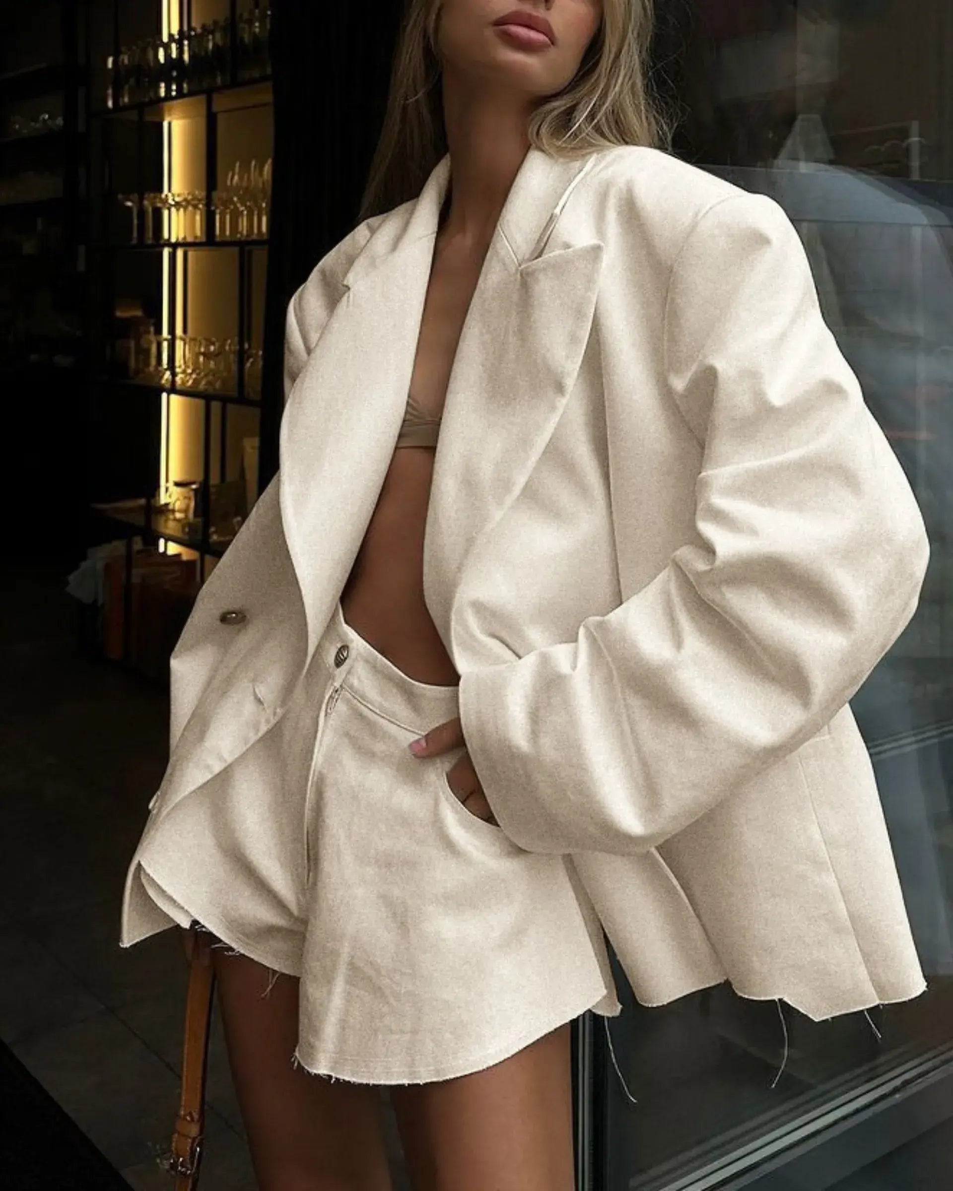 Women Linen Blazer Suits Two Piece Set with Short